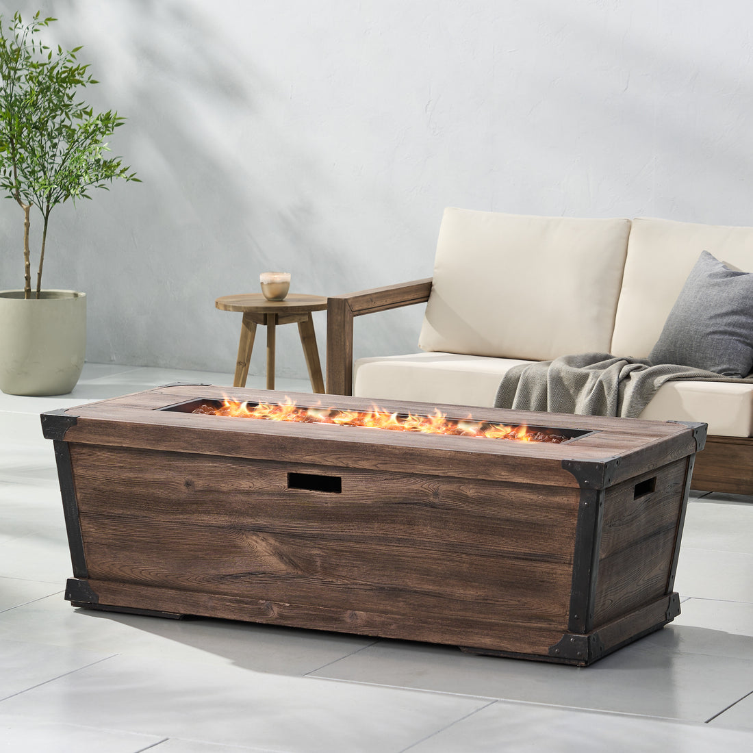 Outdoor Patio Concrete Fire Table, Rectangle Gas Burning 56 Inch Fire Pit 50,000 Btu, Wood Pattern Fire Table, Brown Tank Cover Not Included Brown Garden & Outdoor Magnesium Oxide