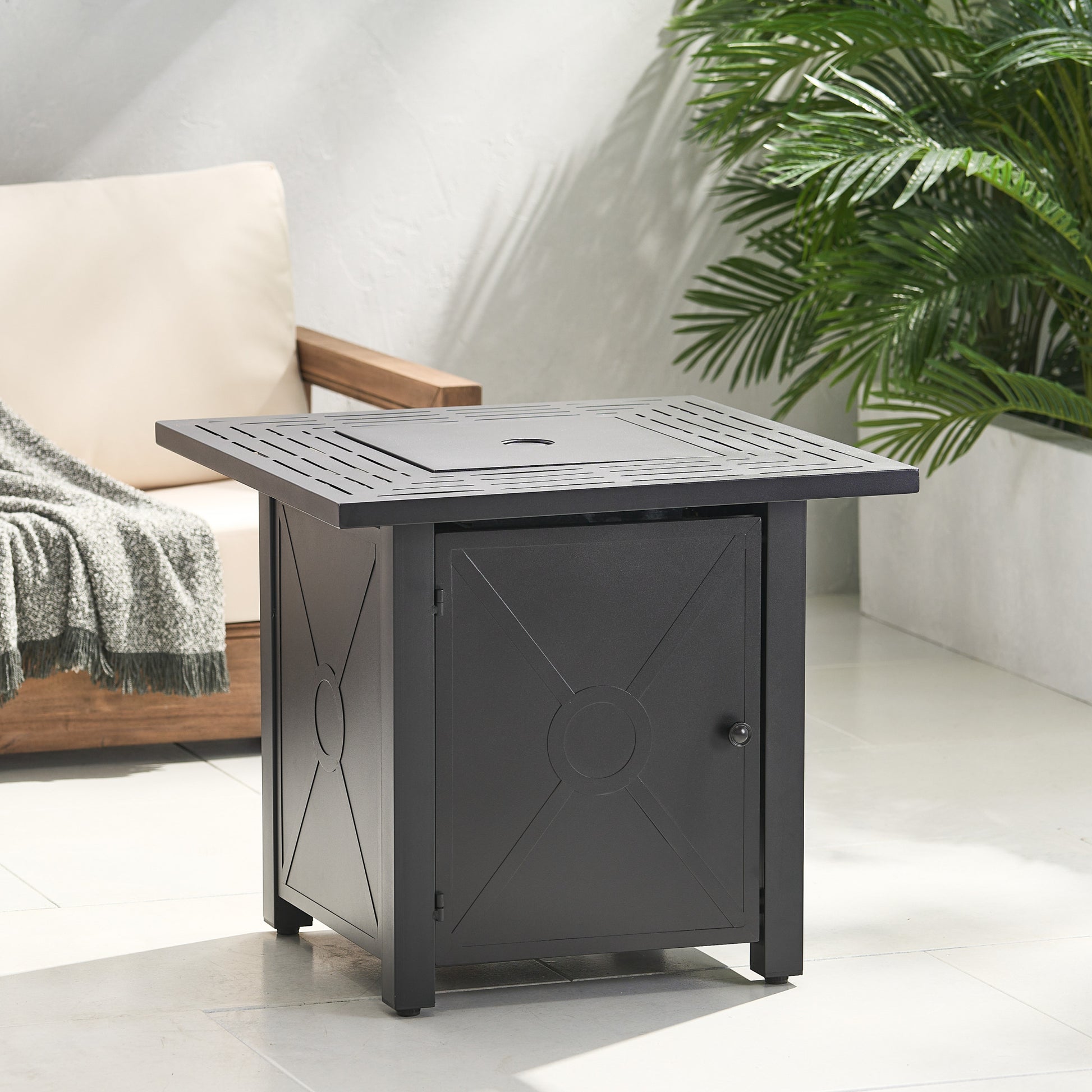 Outdoor Patio Propane Fire Pit 24.5'' H X 28'' W Square Iron Gas Burning Fire Table 40,000 Btu, Tank In Side, Black Black Iron