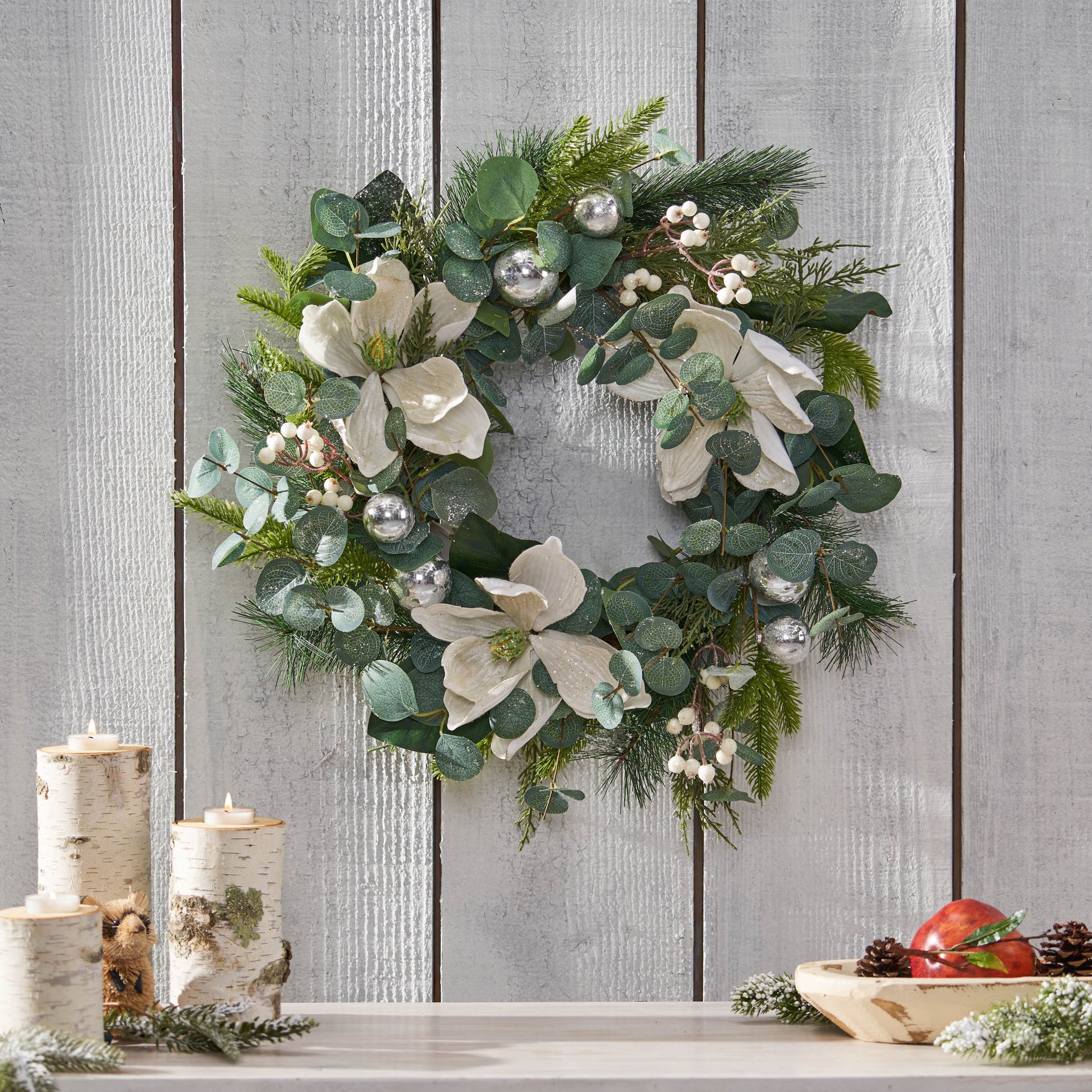 21.75" Leaves&Magnolia Wreath White Green Polyester