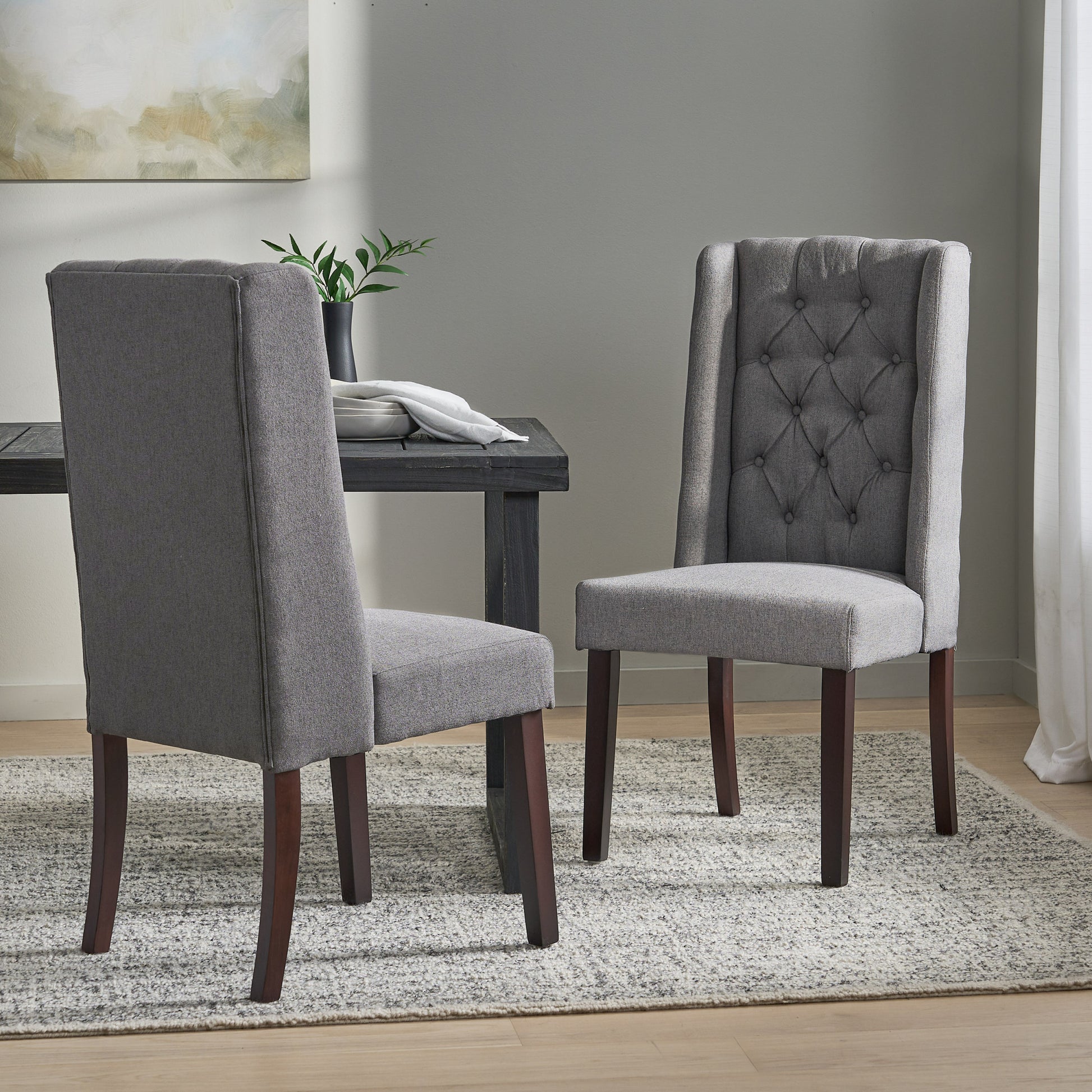 Dining Chair Dark Grey Wood Fabric