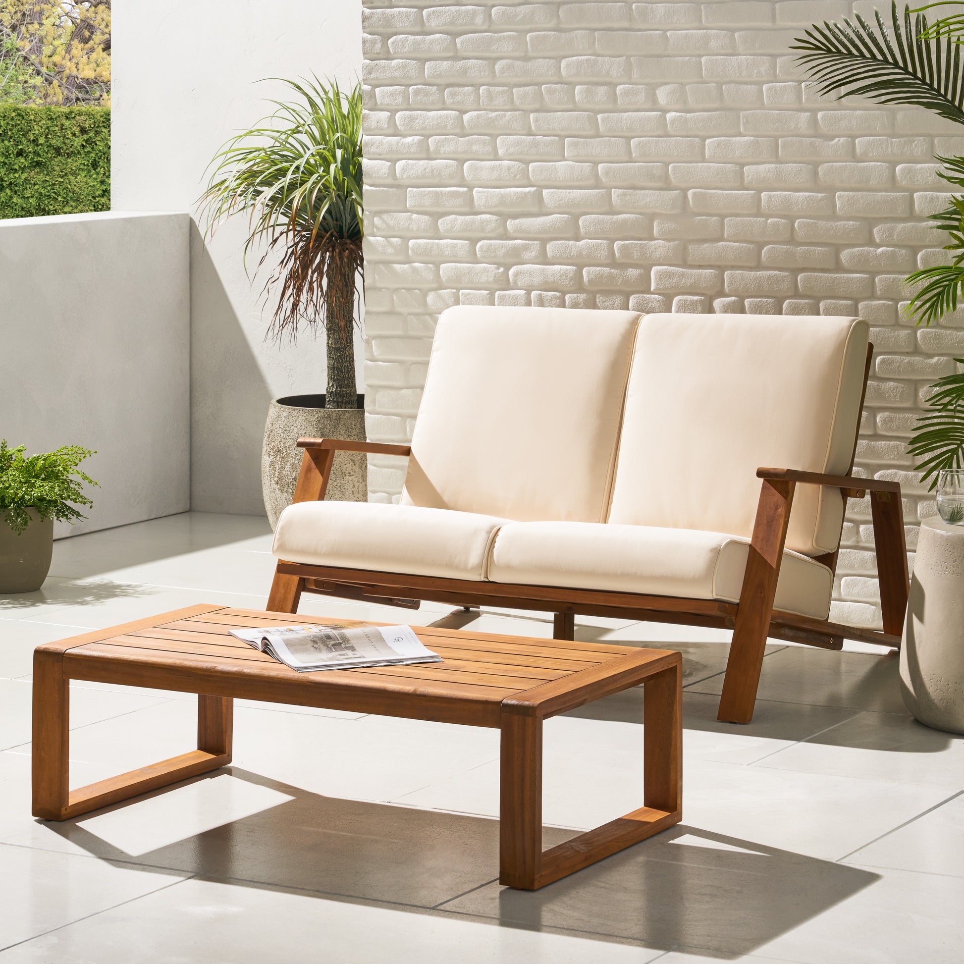 Paloma Seat Coffee Table Teak Beige Wood Waterproof Fabric