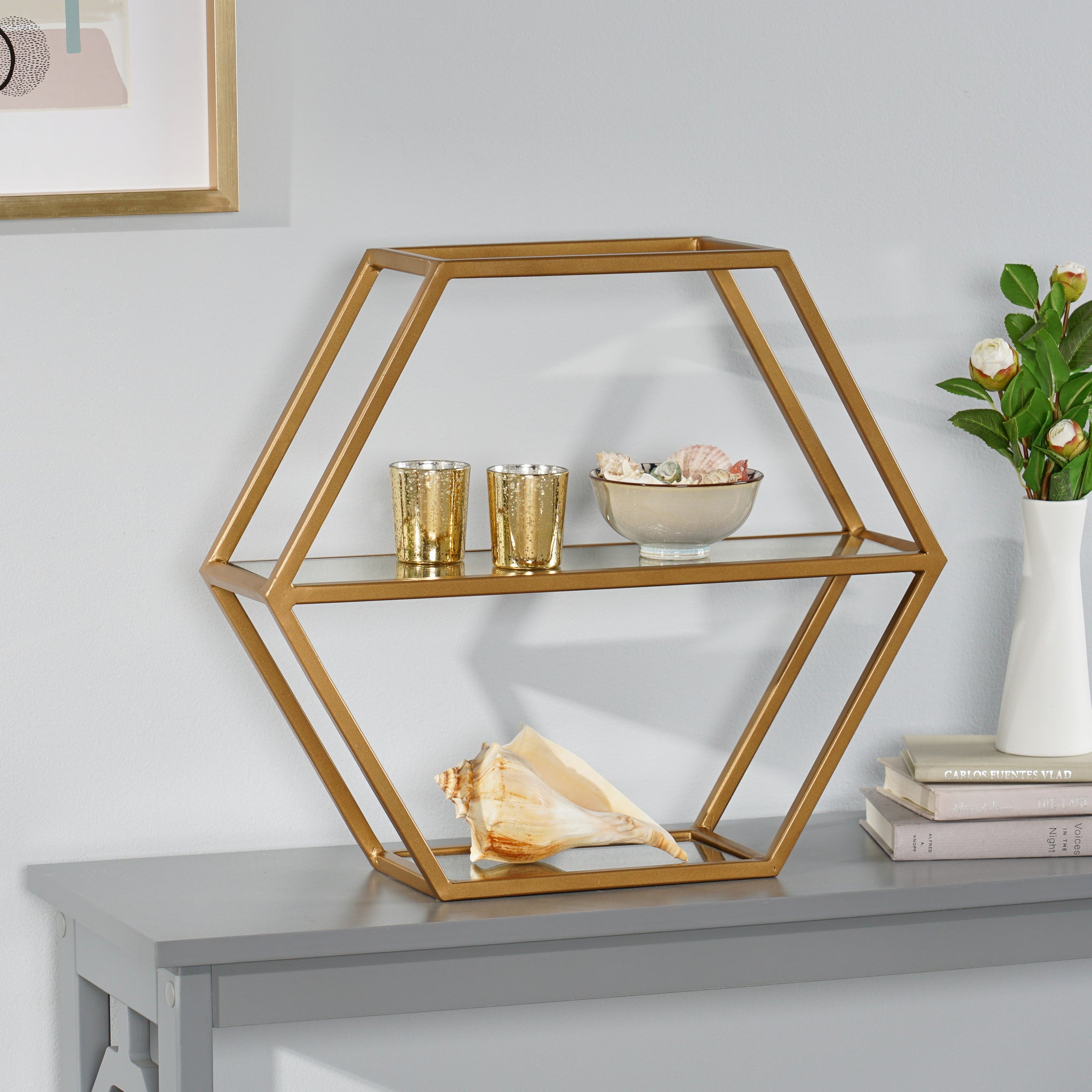 Hexagonal Shelf Antique Gold Glass