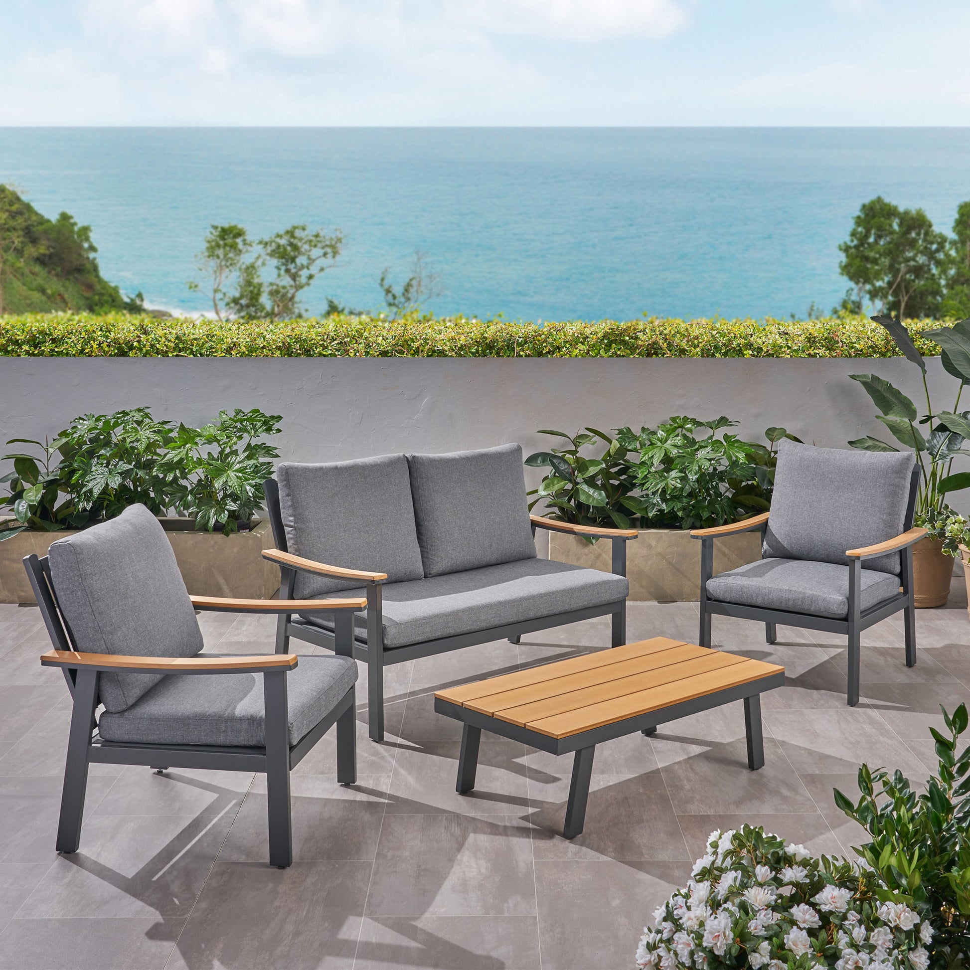 Sinclair 4Pc Chat Set Grey Metal Mesh Wood Fabric