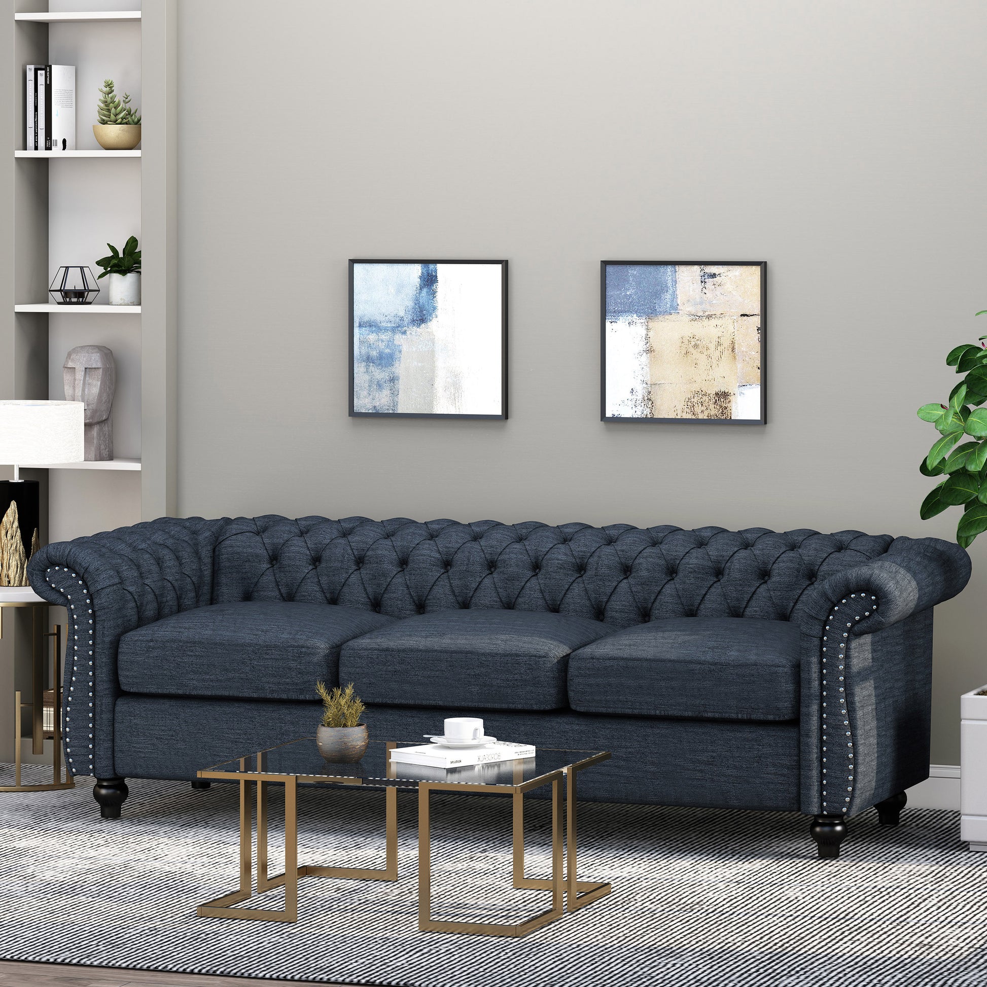 Sofa 3 Seater Navy Blue Fabric 3 Seat