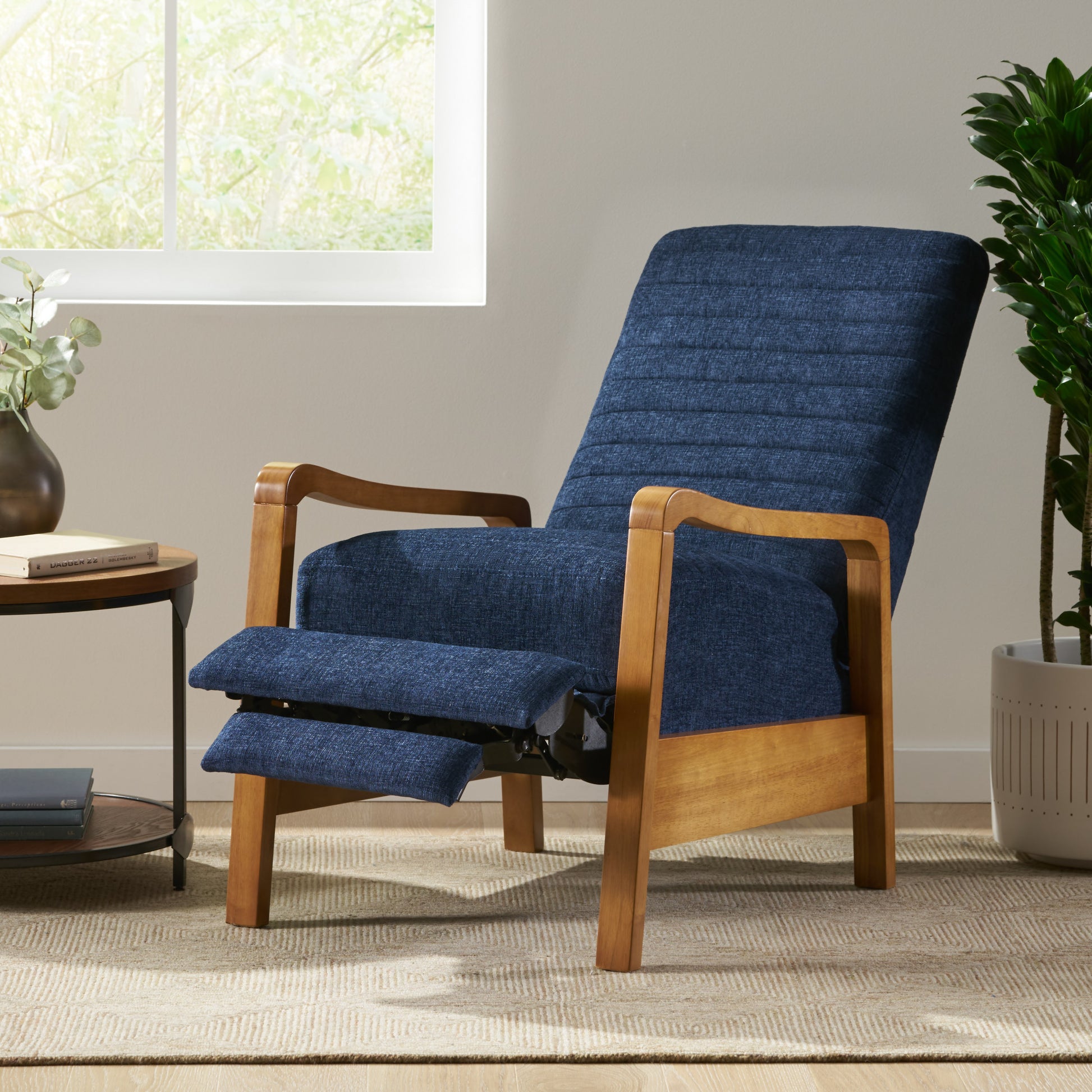 Fabric Wood Hand Manual Club Recliner Navy Blue Fabric