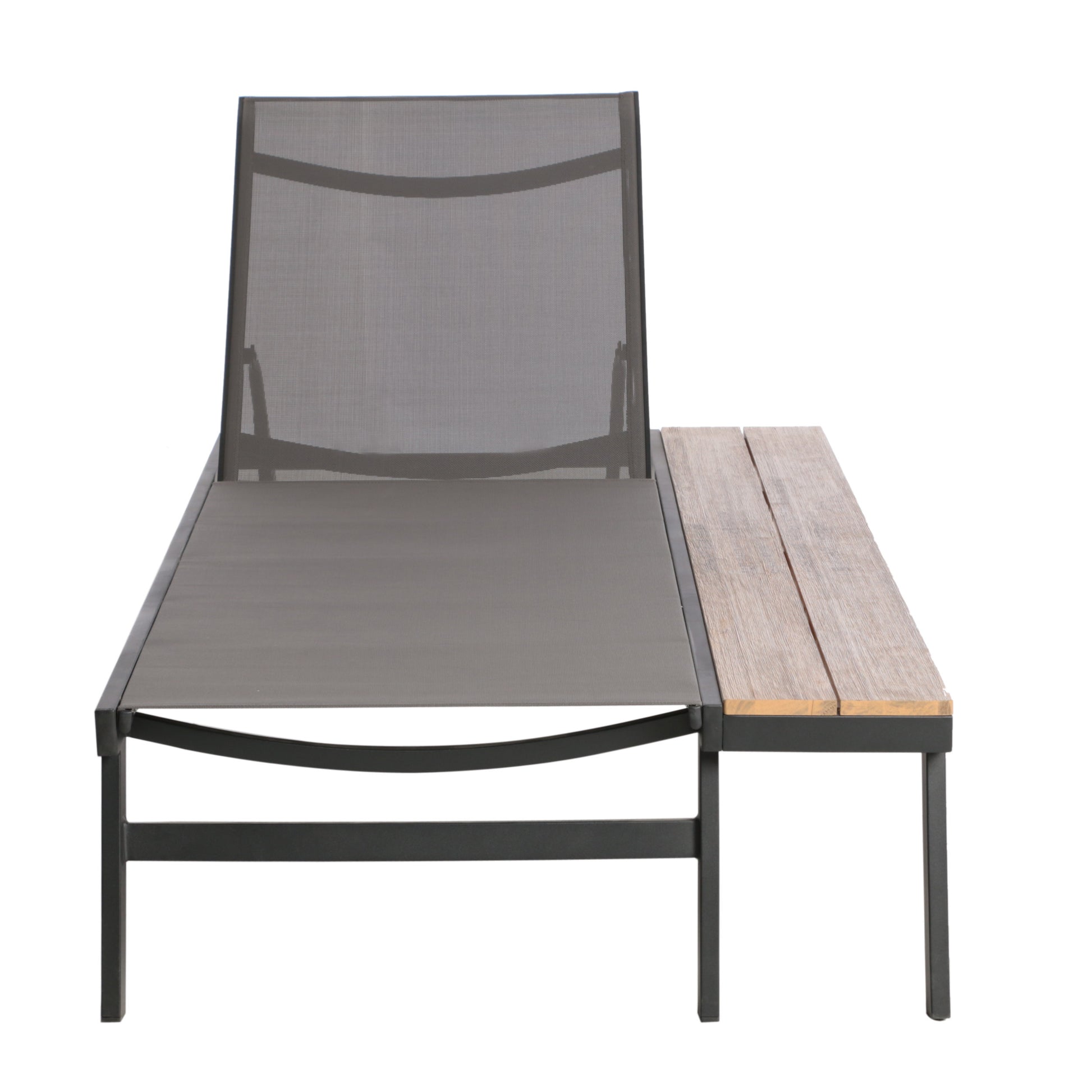 Waterloo Chaise Lounge With Attached Wood Side Table Grey Black Nylon Mesh