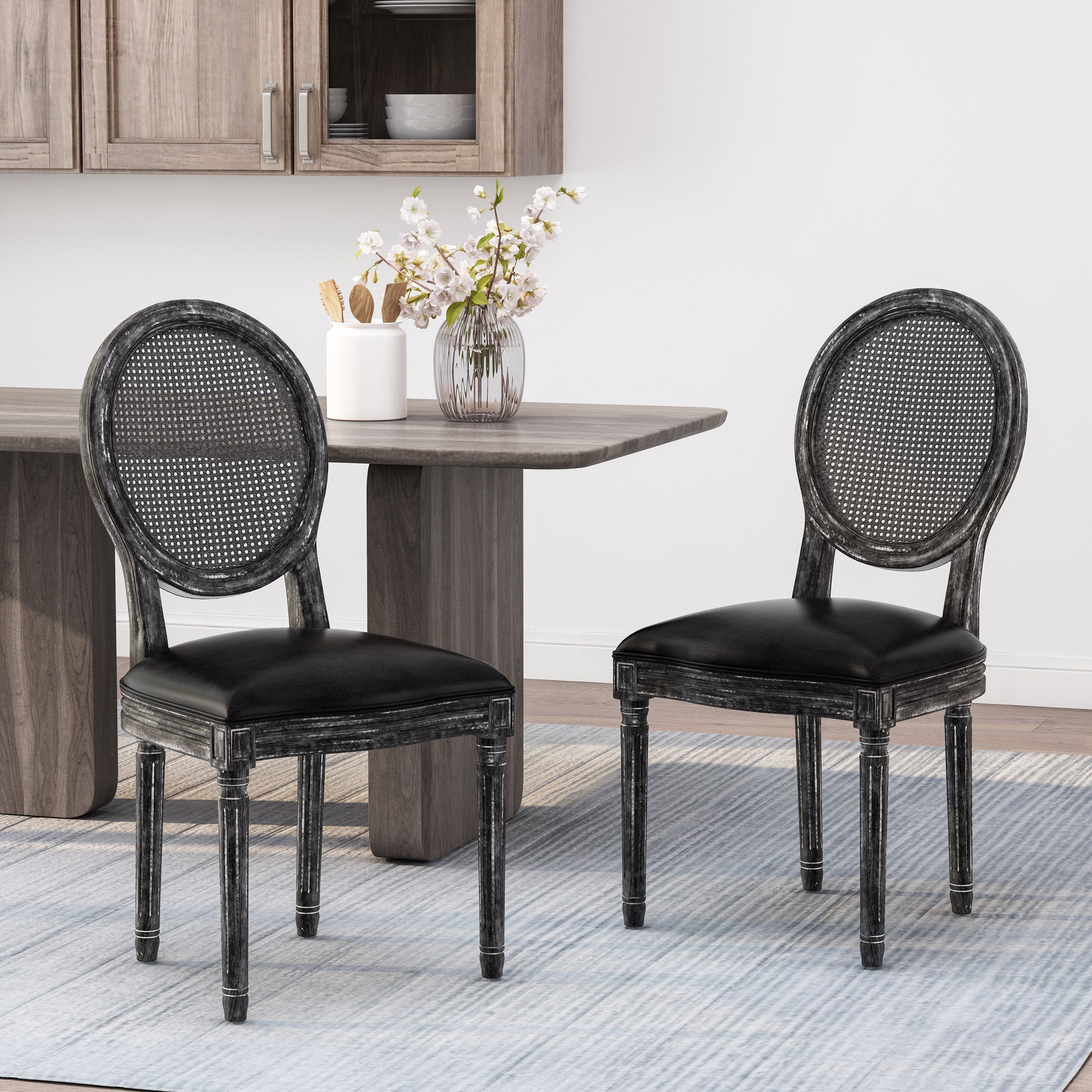 Dinning Chair Mp2 Set Of 2 Black Wood Fabric Rattan