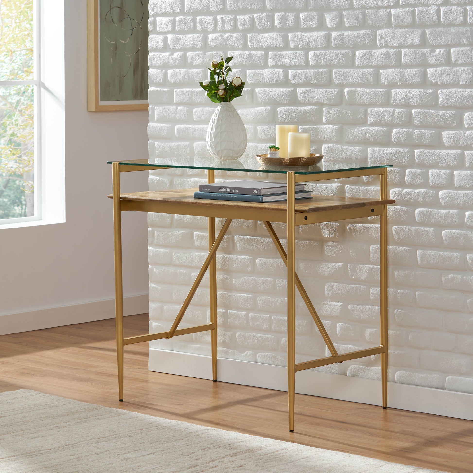 Console Table Honey Wood Metal Glass