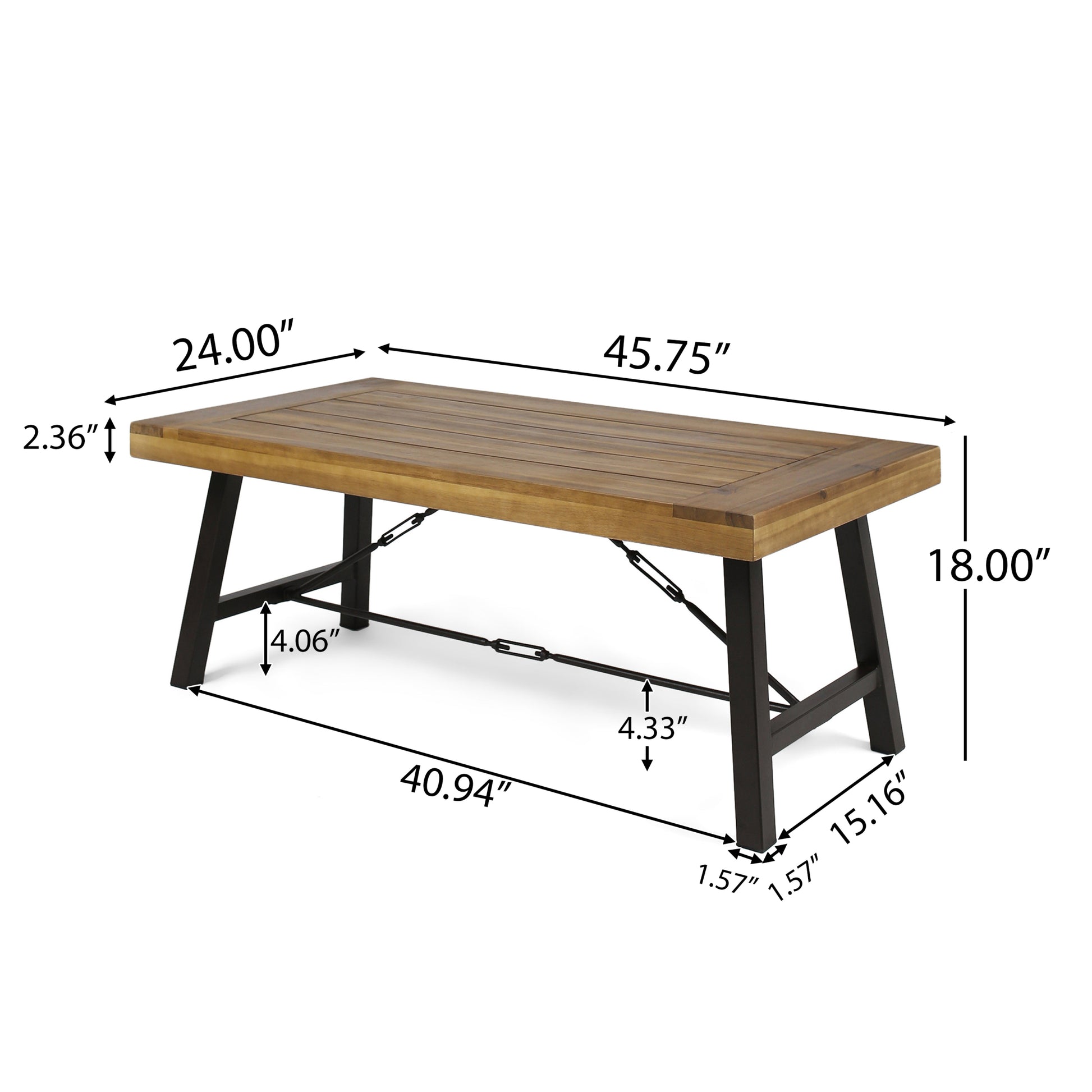 Outdoor Acacia Wood Coffee Table, Teak Finish Rustic Metal Brown And Black, 27.25"D X 45.75"W X 18"H Brown Acacia Wood