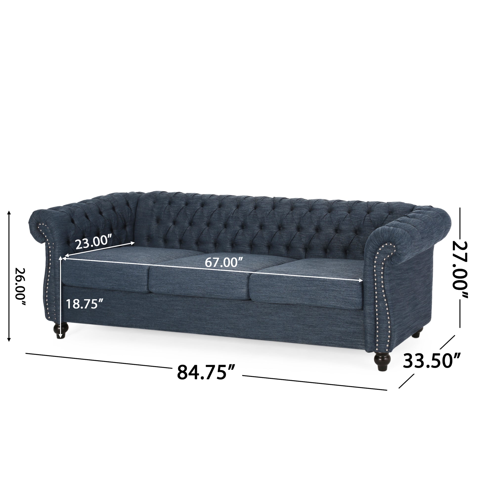 Sofa 3 Seater Navy Blue Fabric 3 Seat