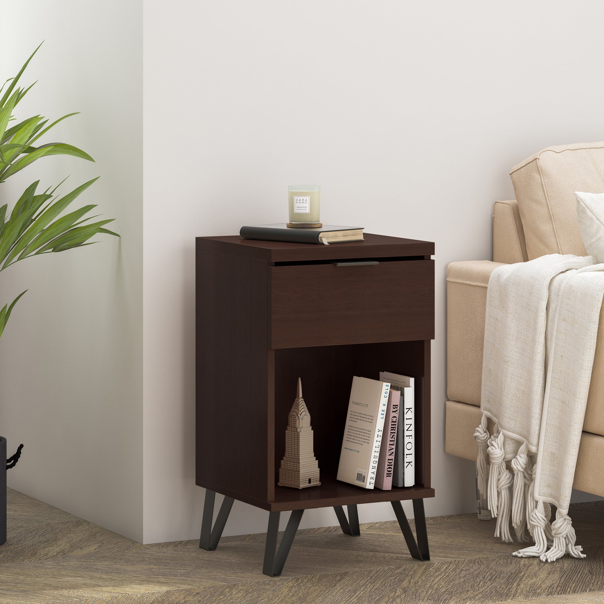 1 Drawer Tall End Table Walnut Mdf