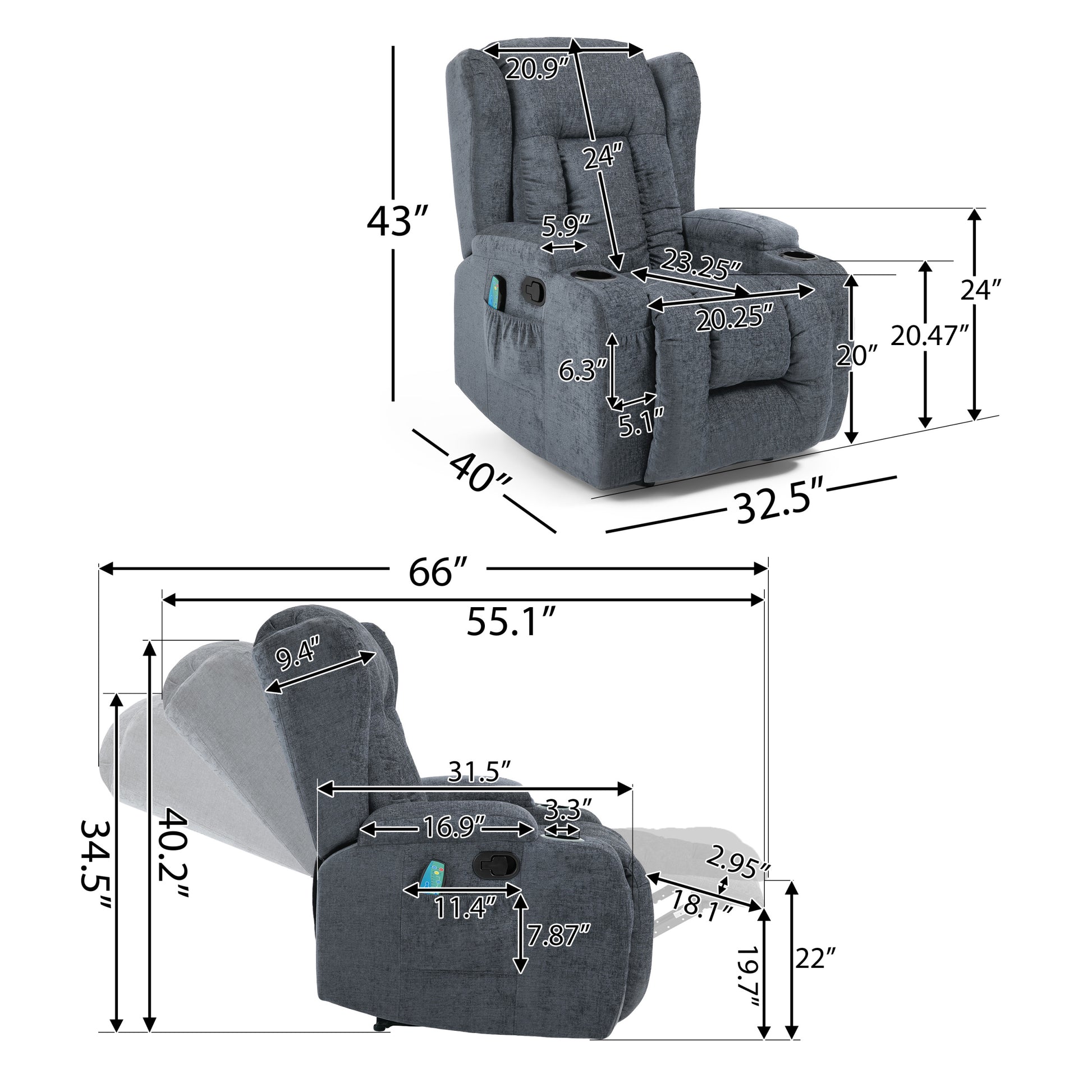 Massage Recliner Charcoal Fabric