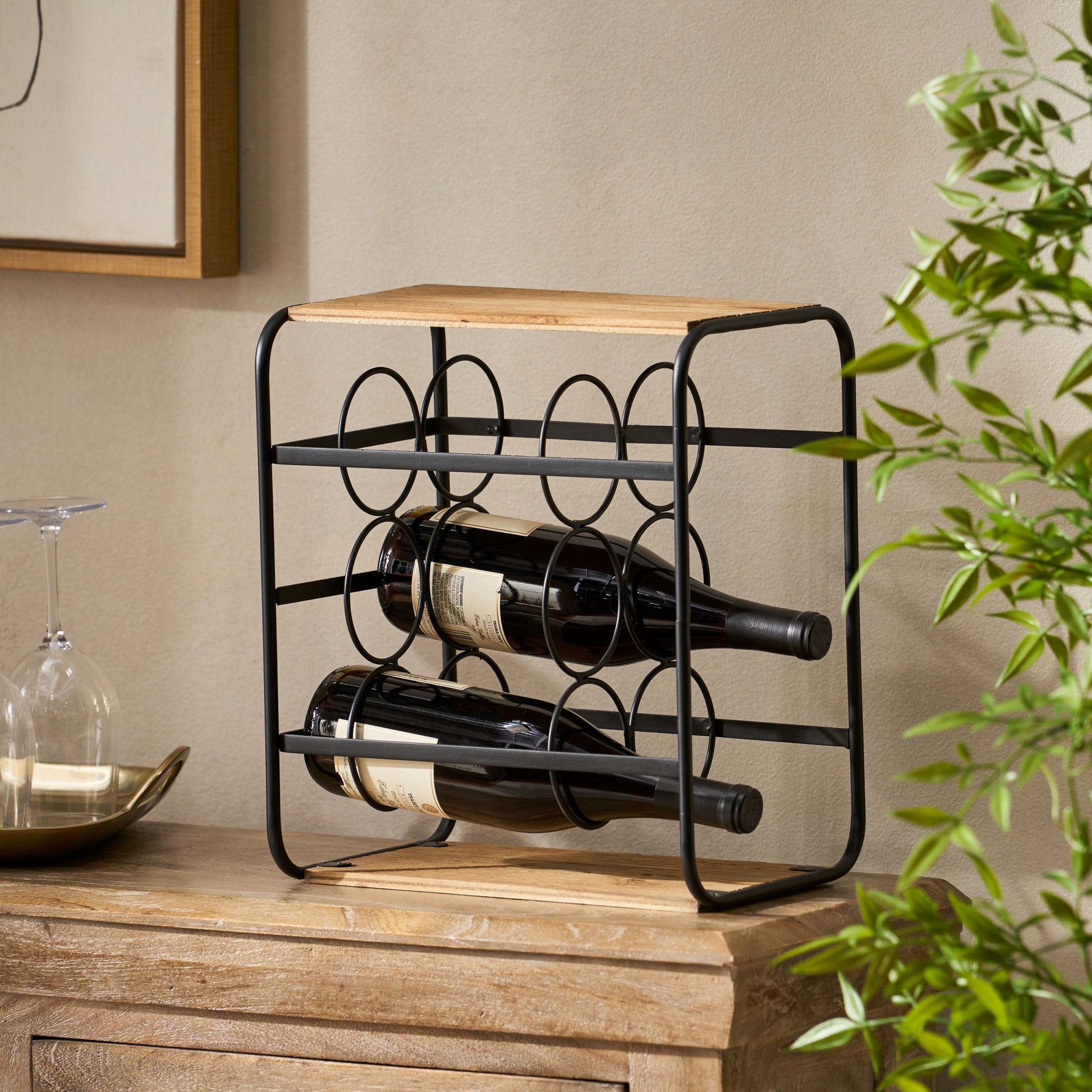 Wine Rack Black Natural Mdf Metal