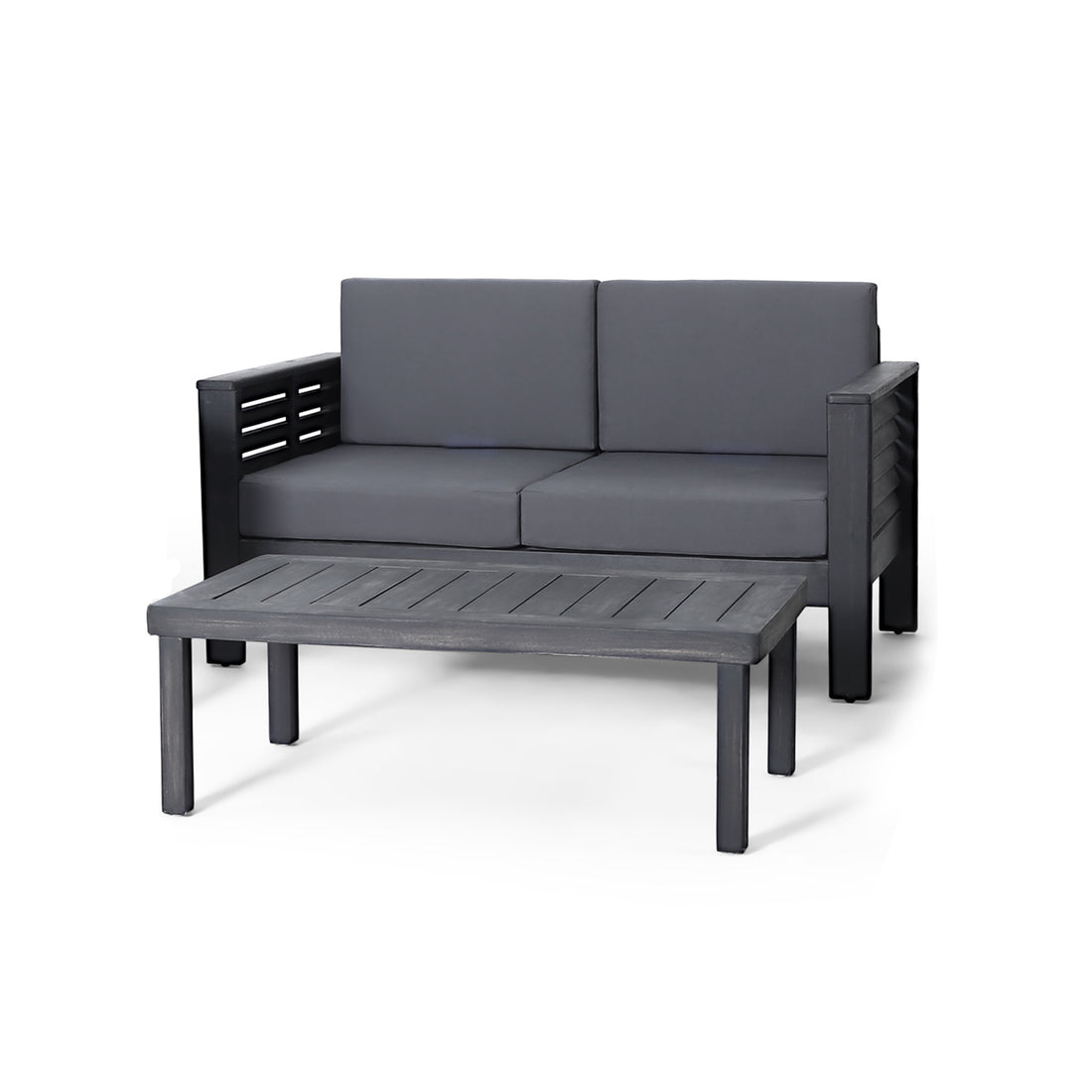 Acacia Wood Outdoor Loveseat And Coffee Table Set With Cushions, Dark Gray Yes Grey Seats 2 Foam Acacia Wood