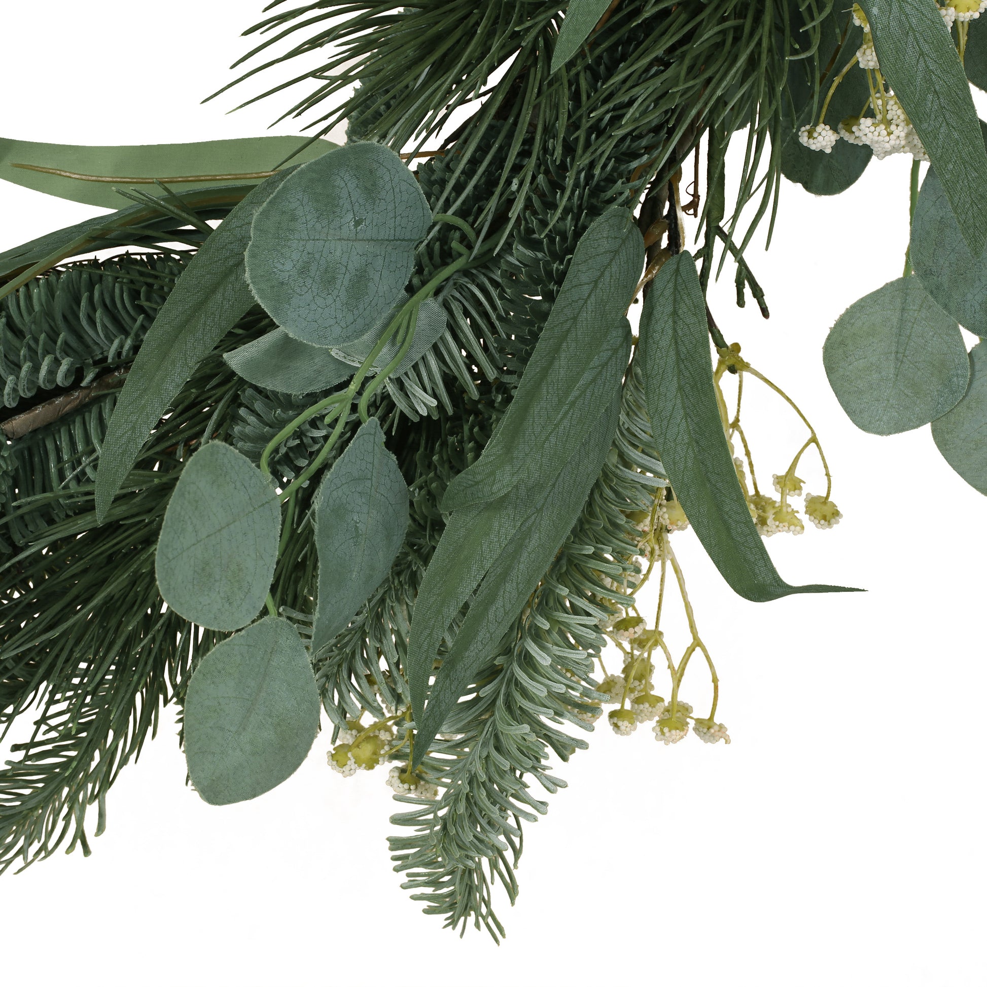 30In Eucalyptus Leaves, Pine Twigs, Stars Wreath White Green Rattan