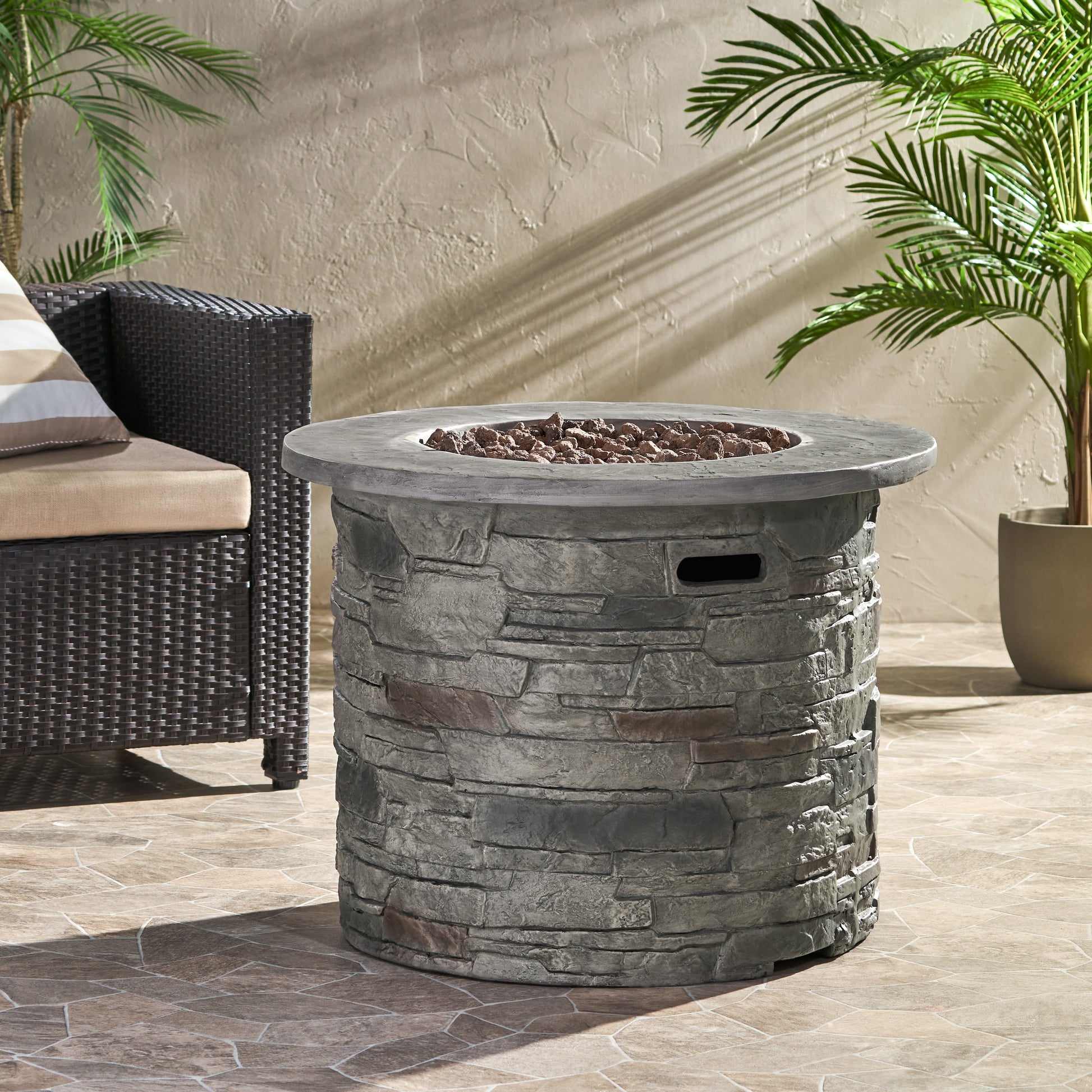 Hoonah 32'' Stone Circular Mgo Fire Pit W Grey Top 40,000 Btu Stone Gray Magnesium Oxide