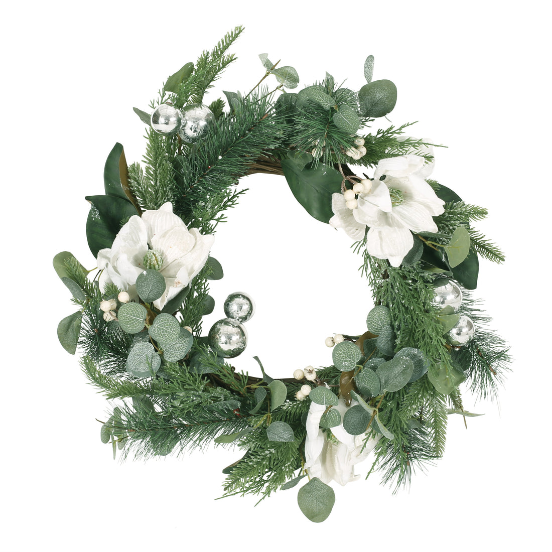 21.75" Leaves&Magnolia Wreath White Green Polyester