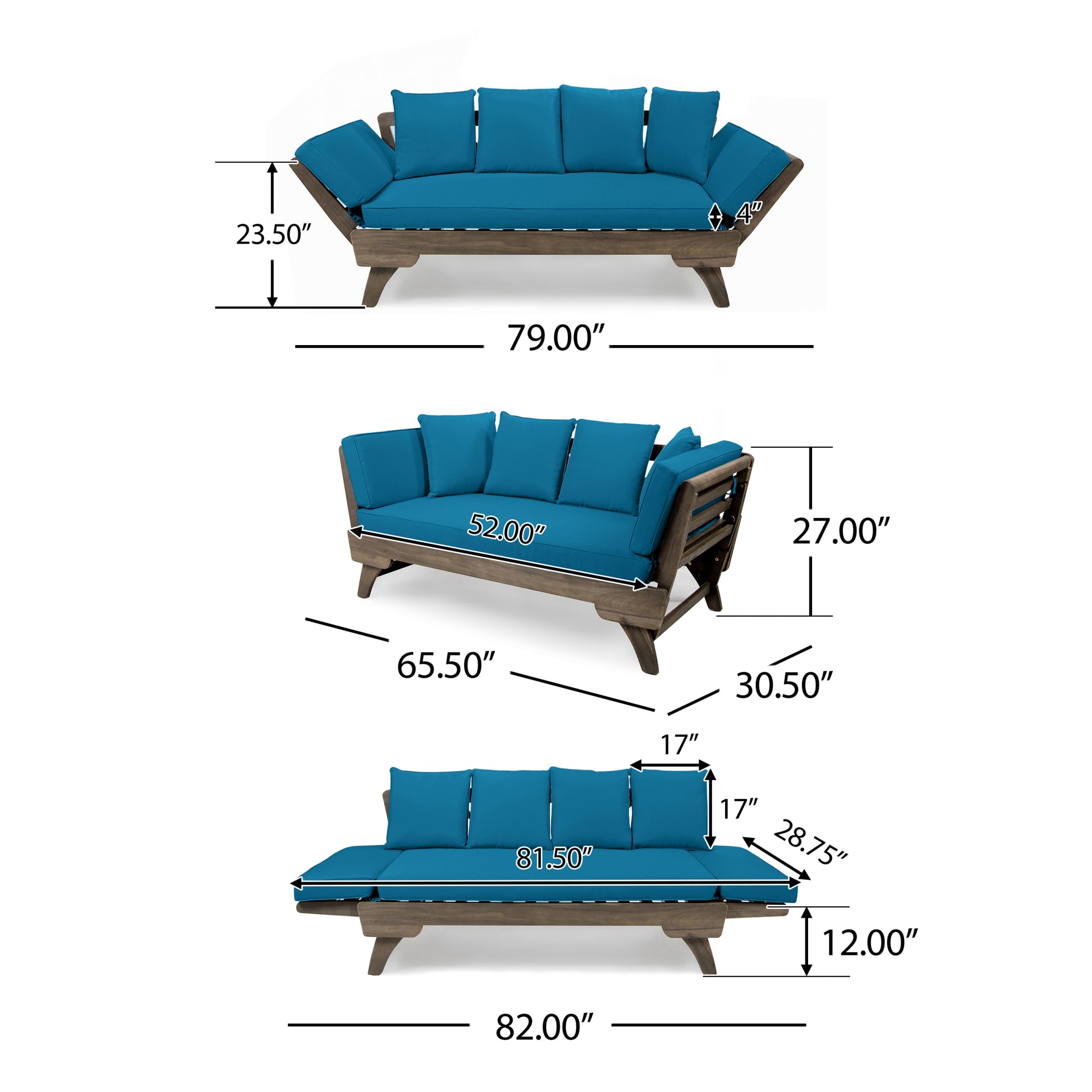 Ottavio Sofa Daybed Grey Grey Teal Wood Waterproof Fabric