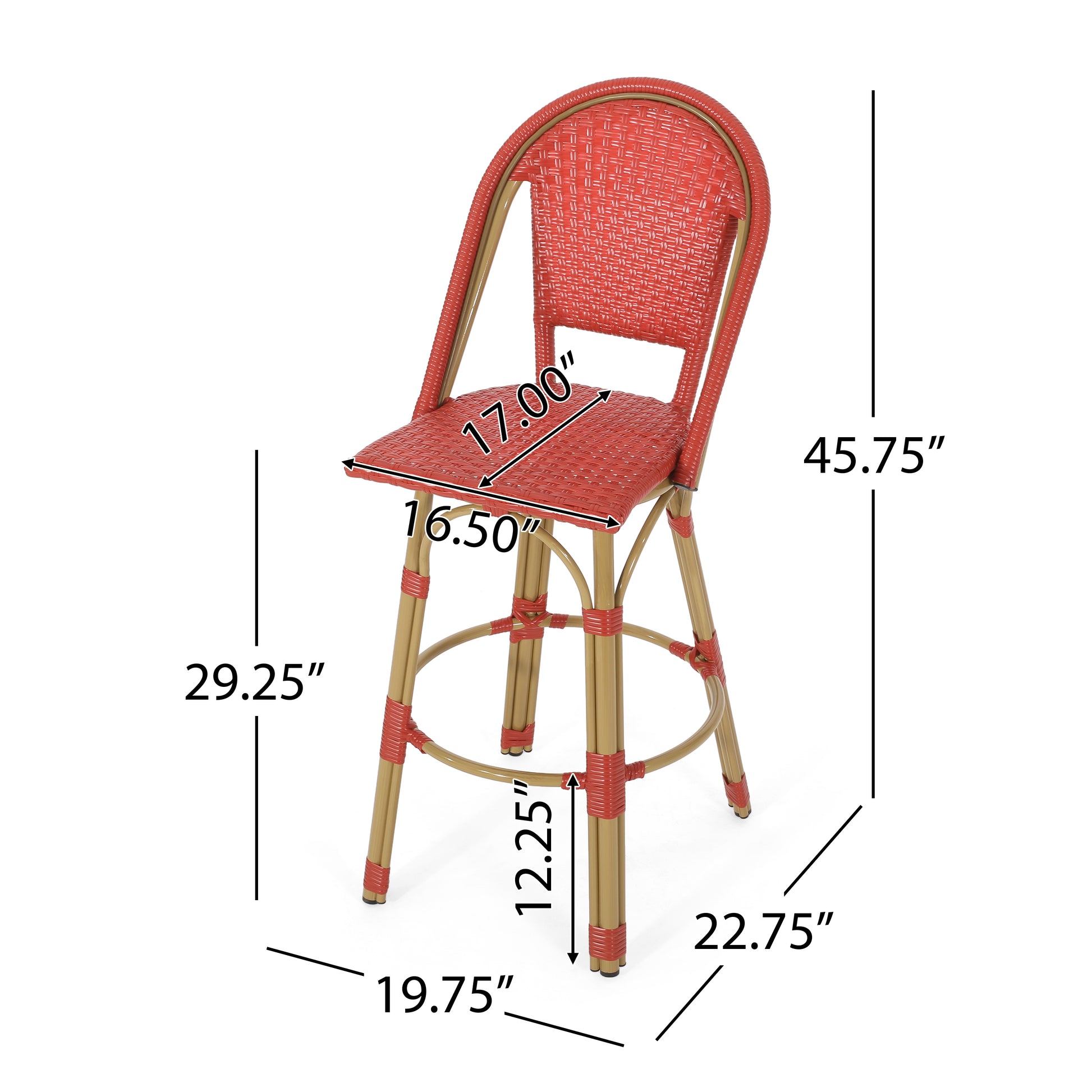 29.5" Outdoor Pe Rattan And Aluminum French Barstools, Set Of 2, Red And Bamboo Finish No Red Rust Resistant Frame Garden & Outdoor French 2 Person Seating Group Aluminum,Wicker