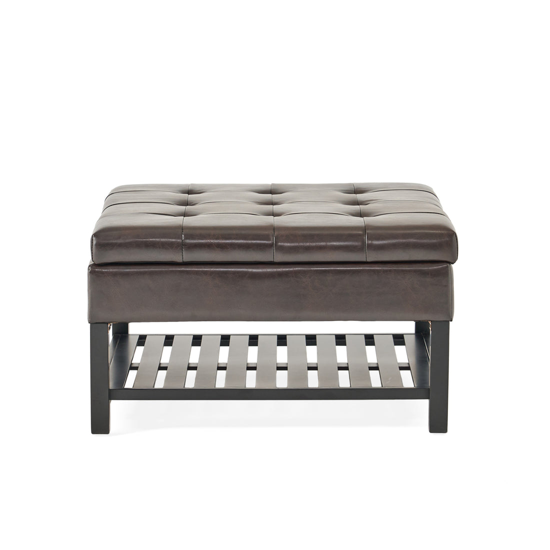 Square Ottoman With Storage And Bottom Rack Brown Pu