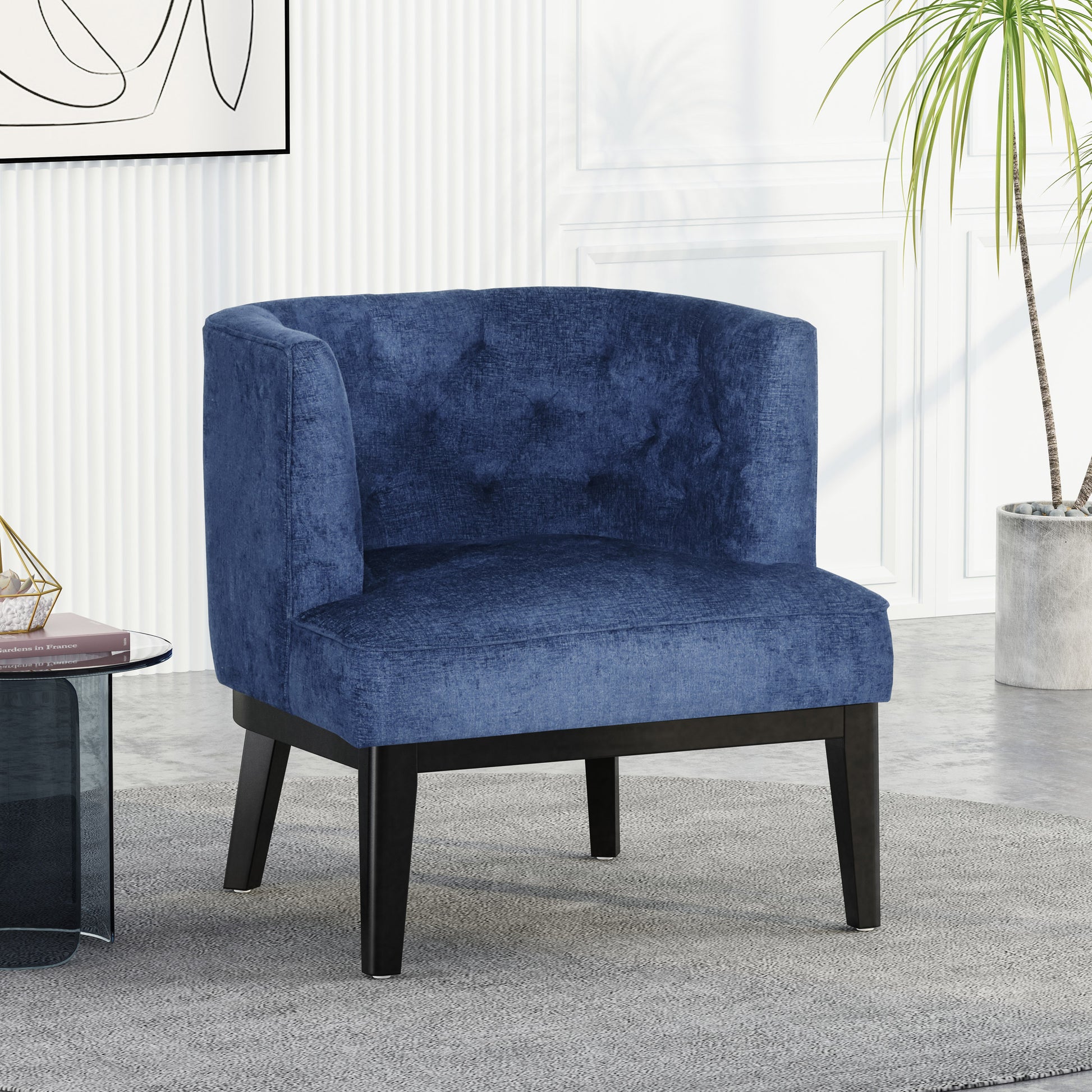 Accent Chair Navy Blue Wood Fabric