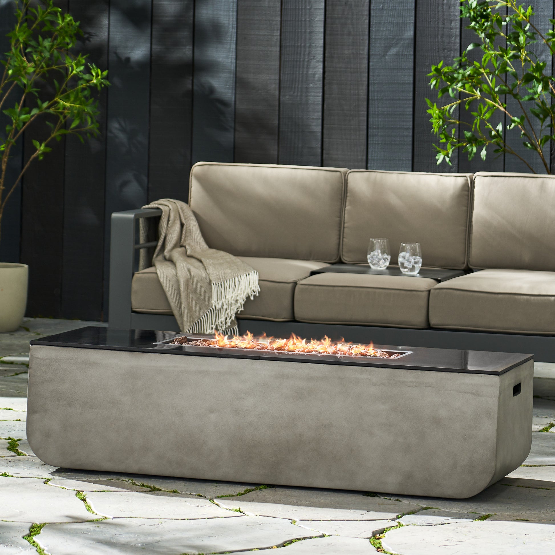 56" Outdoor Patio Concrete Fire Table, Rectangle Gas Burning Fire Pit 50, 000 Btu, Light Grey Black Top Tank Cover Not Included Black Gray Magnesium Oxide