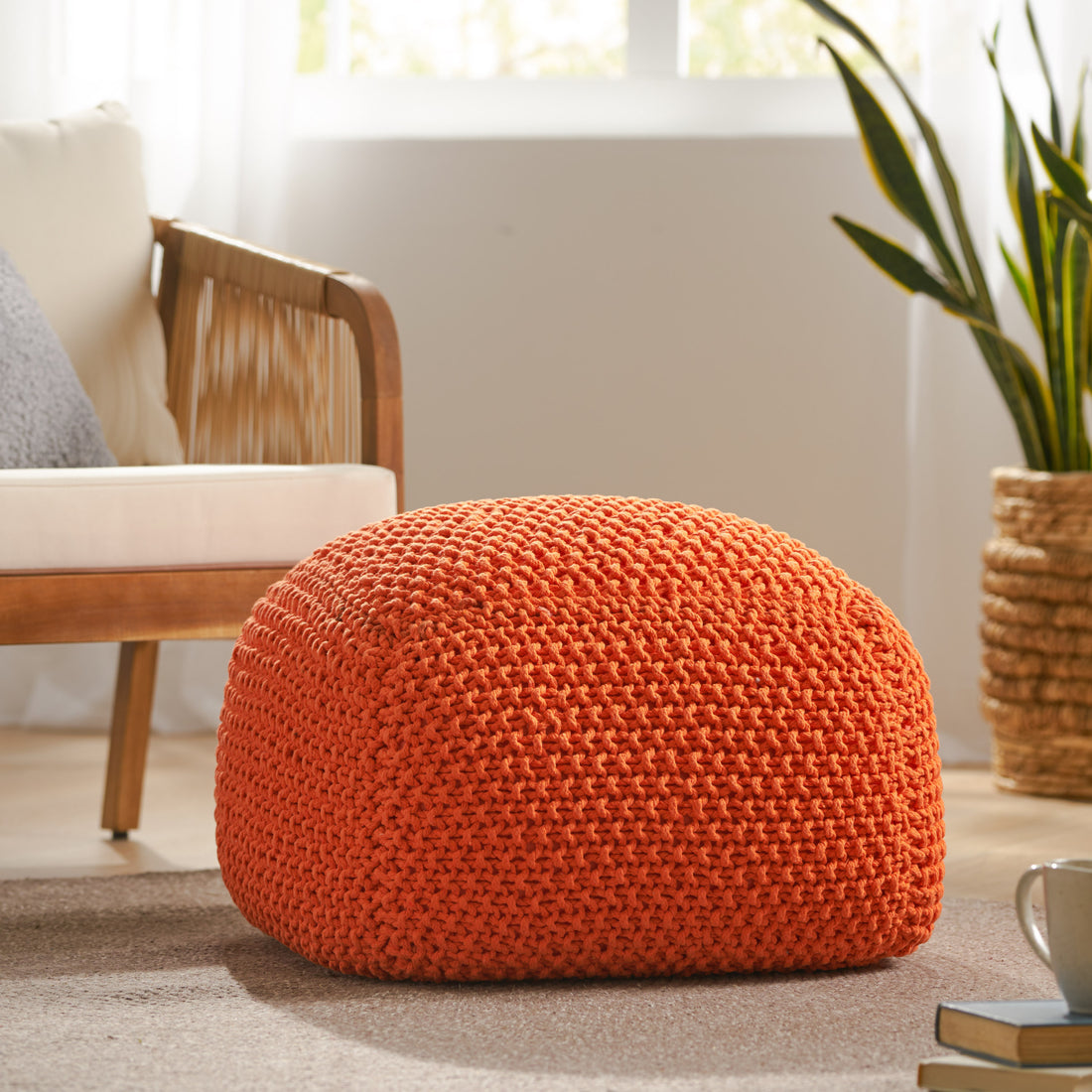 Hollis Knitted Cotton Pouf Cube 20 X 20 X 16 Pouf Orange Cotton