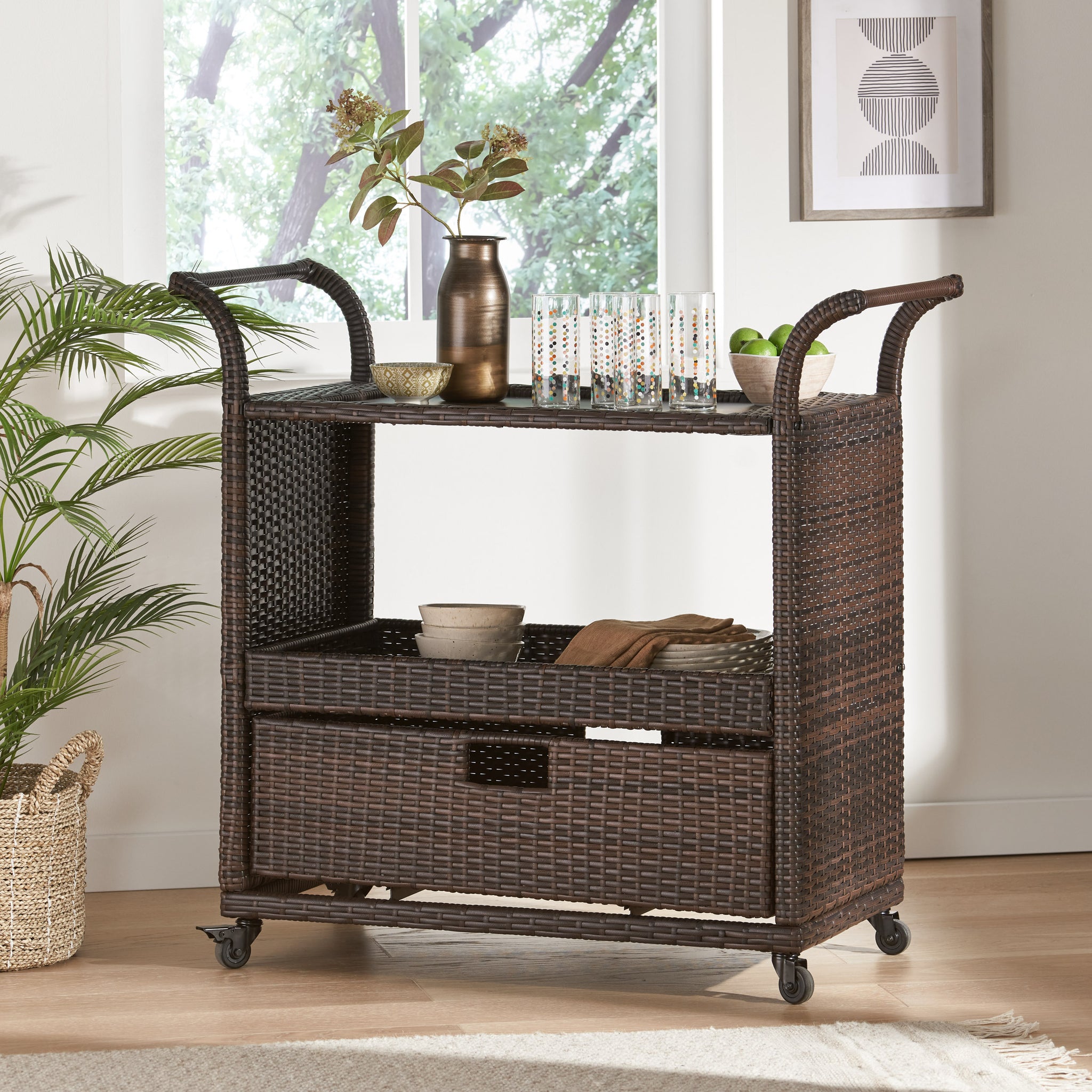 Corona Bar Cart Brown Pe Rattan Iron