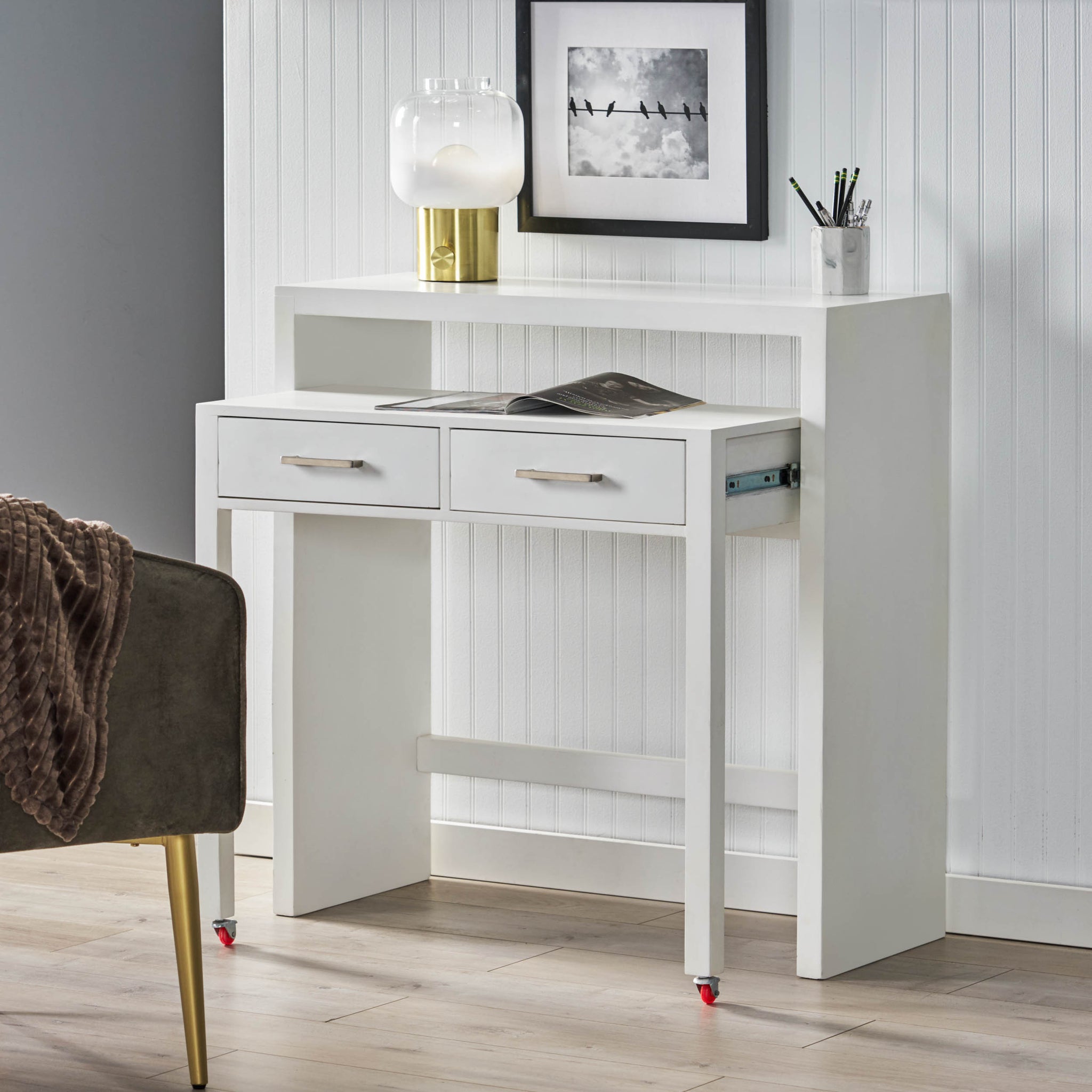 Desk With Upper Console Table White Solid Wood Mdf