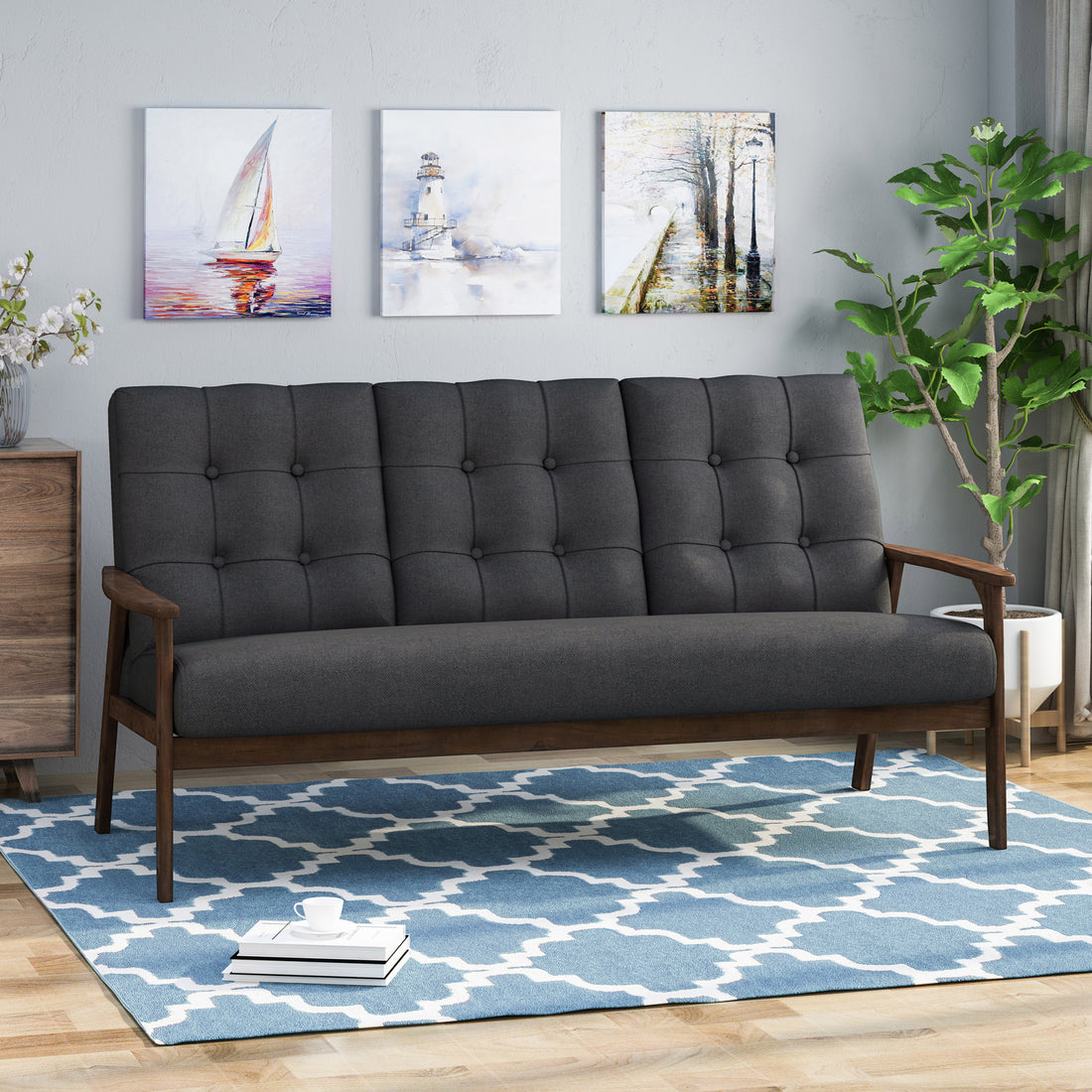 Athena Mid Century Waffle Stitch Tufted Accent Sofa With Rubberwood Legs Charcoal Grey Fabric