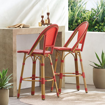 29.5" Outdoor Pe Rattan And Aluminum French Barstools, Set Of 2, Red And Bamboo Finish No Red Rust Resistant Frame Garden & Outdoor French 2 Person Seating Group Aluminum,Wicker