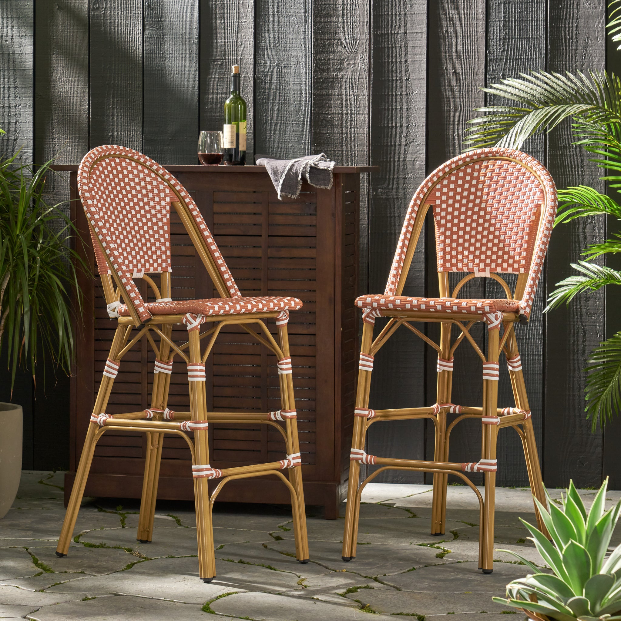 Wicker Bar Stool With Aluminum Frame Set Of 2 Rust Aluminium