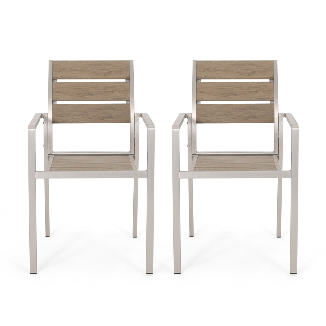 Outdoor Modern Aluminum Dining Chair With Faux Wood Seat Set Of 2 , Natural And Silver Natural Aluminium