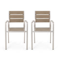 Outdoor Modern Aluminum Dining Chair With Faux Wood Seat Set Of 2 , Natural And Silver Natural Aluminium