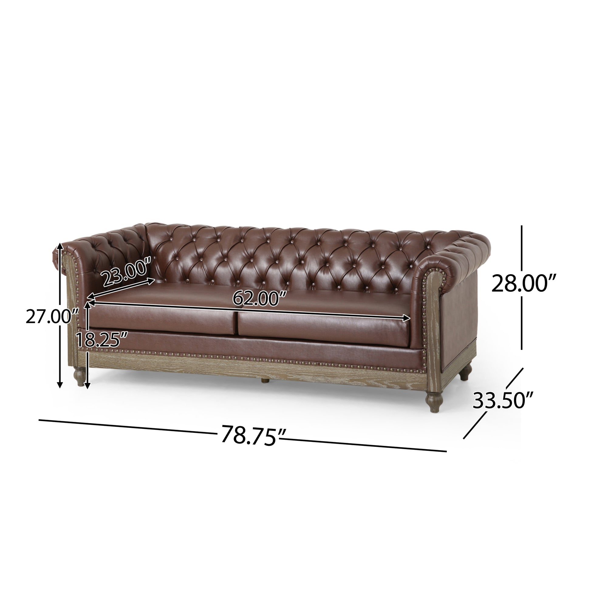 Mirod Comfy 3 Seat Sofa With Wooden Legs, Retro Style For Living Room And Study Dark Brown Pu 3 Seat