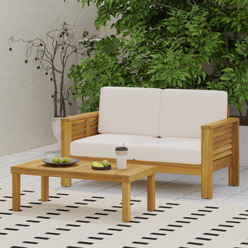 Teak Acacia Wood Loveseat And Coffee Table Set With Cream Cushions Yes Brown Seats 2 Foam Acacia Wood