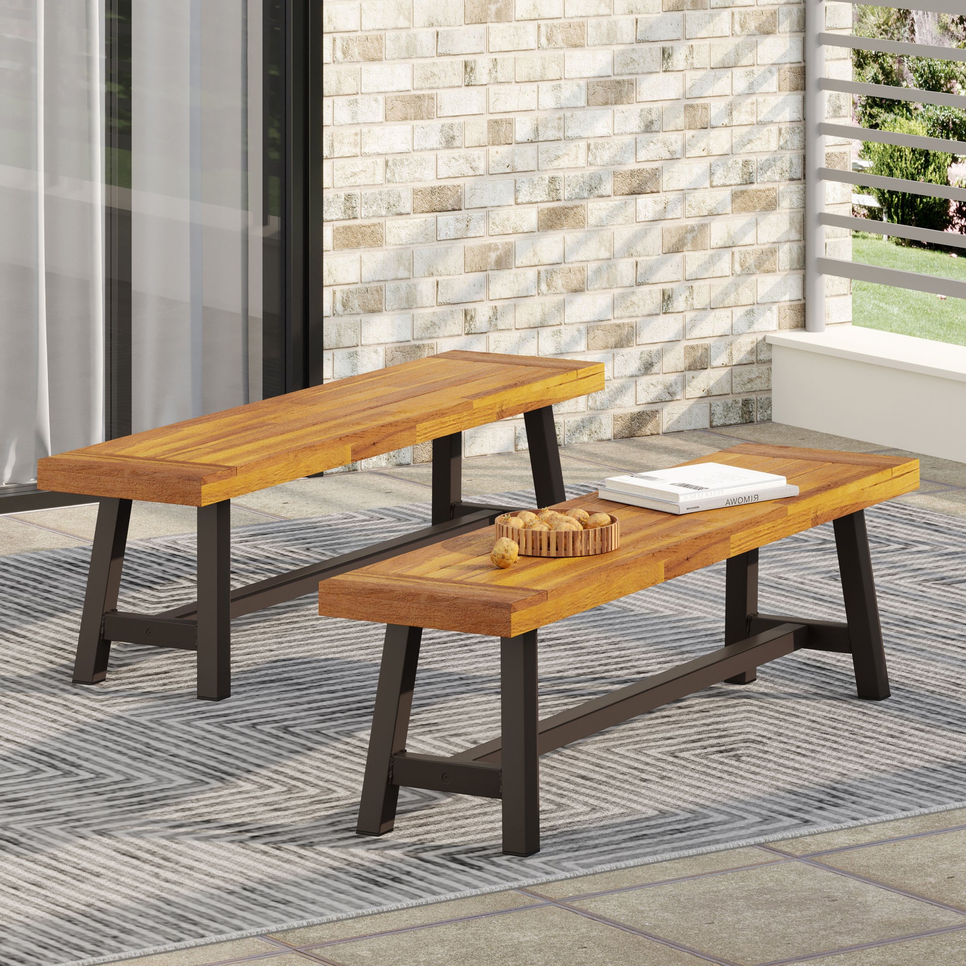 Outdoor Carlisle Benches, Sandblasted Brown Rustic Metal Set Of 2 Brown Acacia Wood