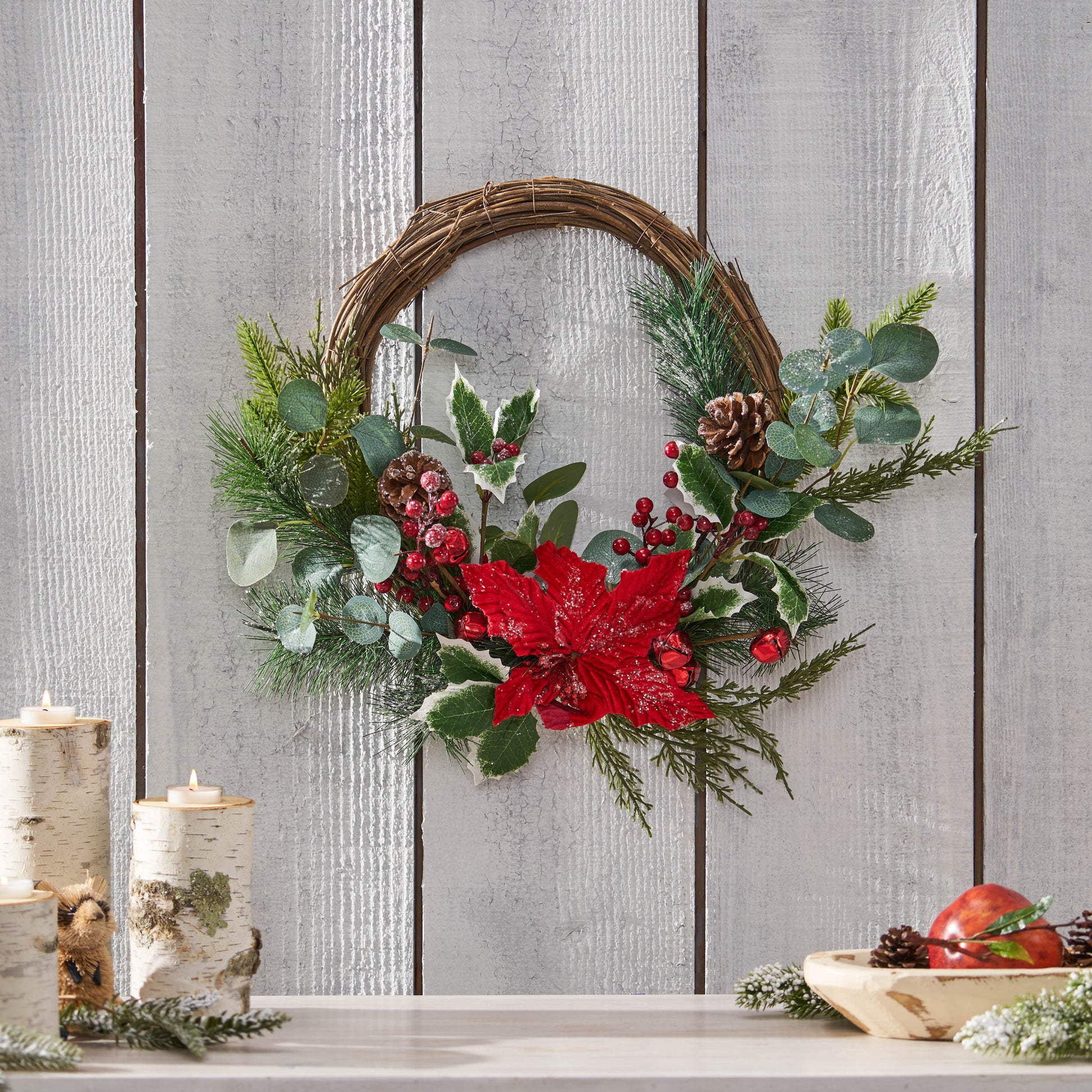 23.5" Poinsettia Berry Eucalyptus Half Wreath Green Leaves Polyester