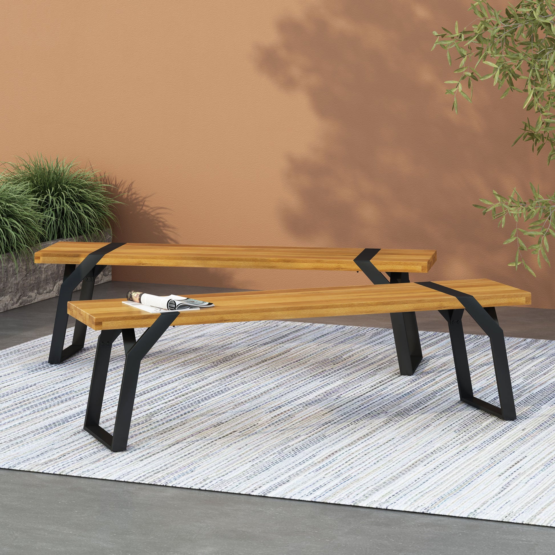 Zora Bench,Set Of 2 Teak Black Wood