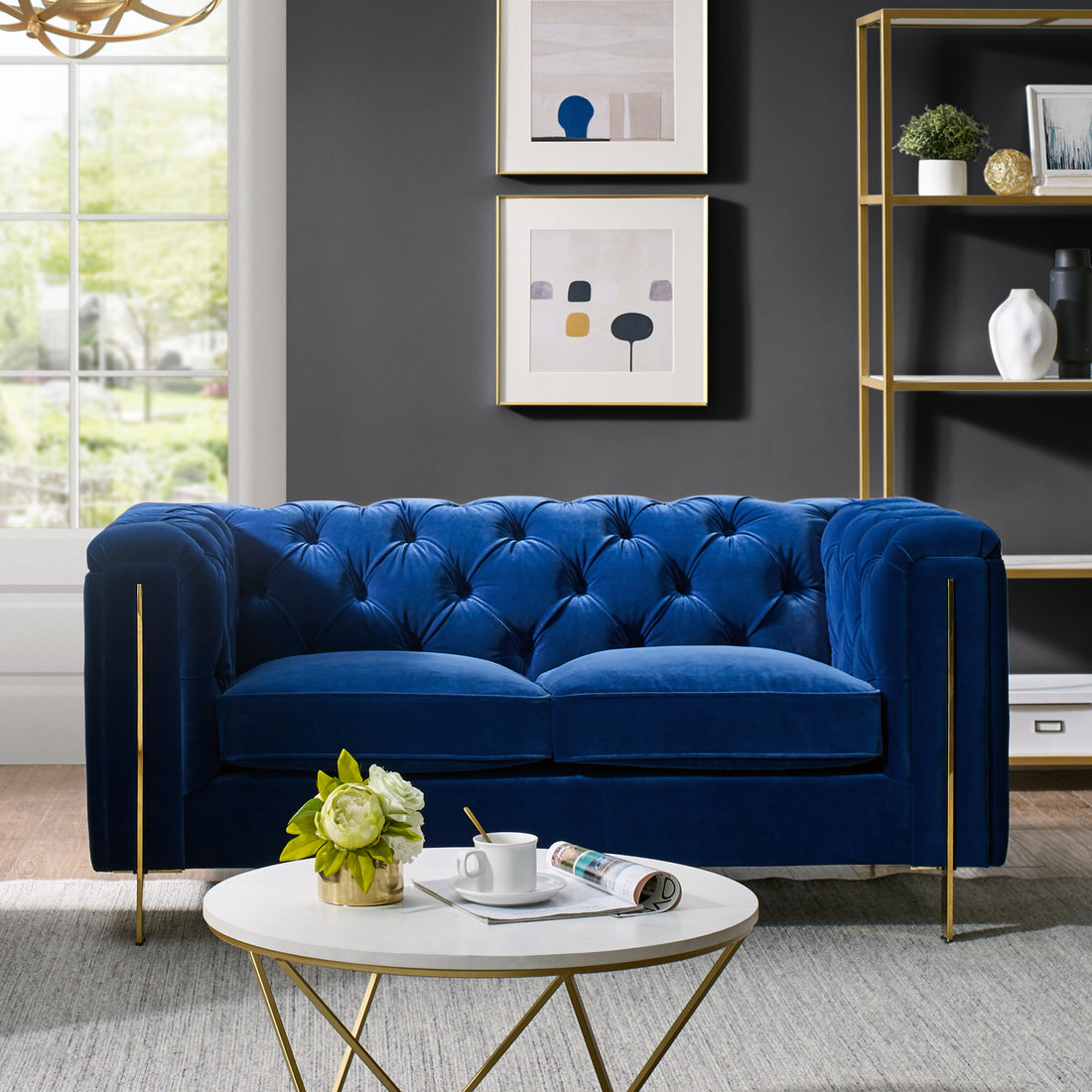 Charlene Velvet Loveseat Blue Blue Fabric