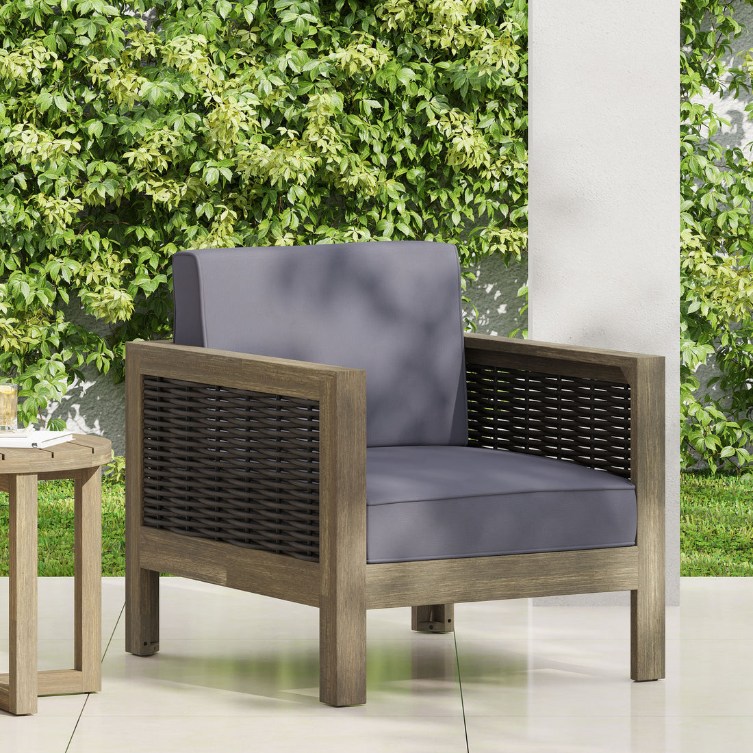 Outdoor Acacia Wood Club Chair With Wicker Accents, Gray Mixed Gray Brown, 30.25"D X 27.5"W X 23.75"H Gray Acacia Wood