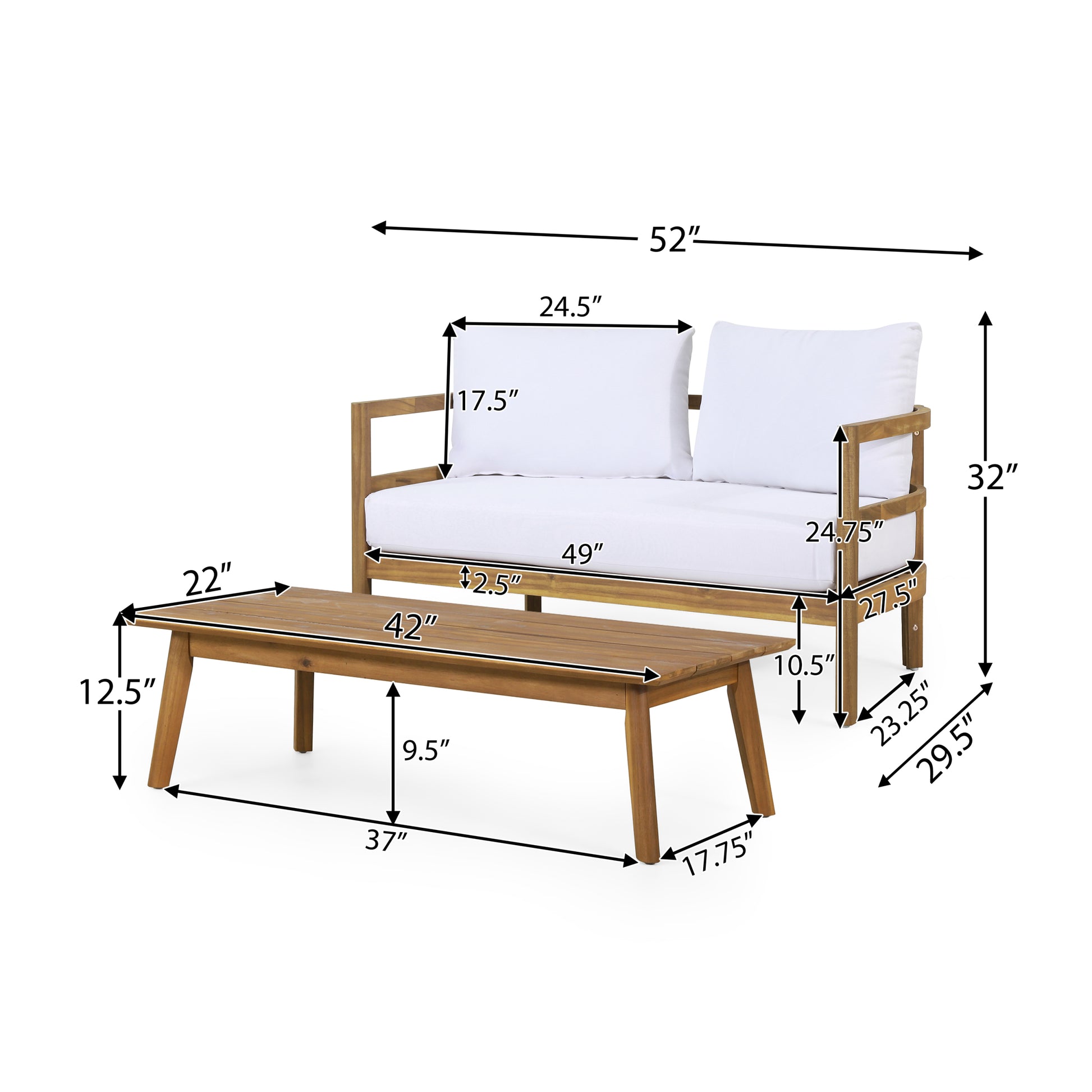 Outdoor Acacia Wood Loveseat And Coffee Table Set With Cushions, Teak And White Brown White Acacia Wood