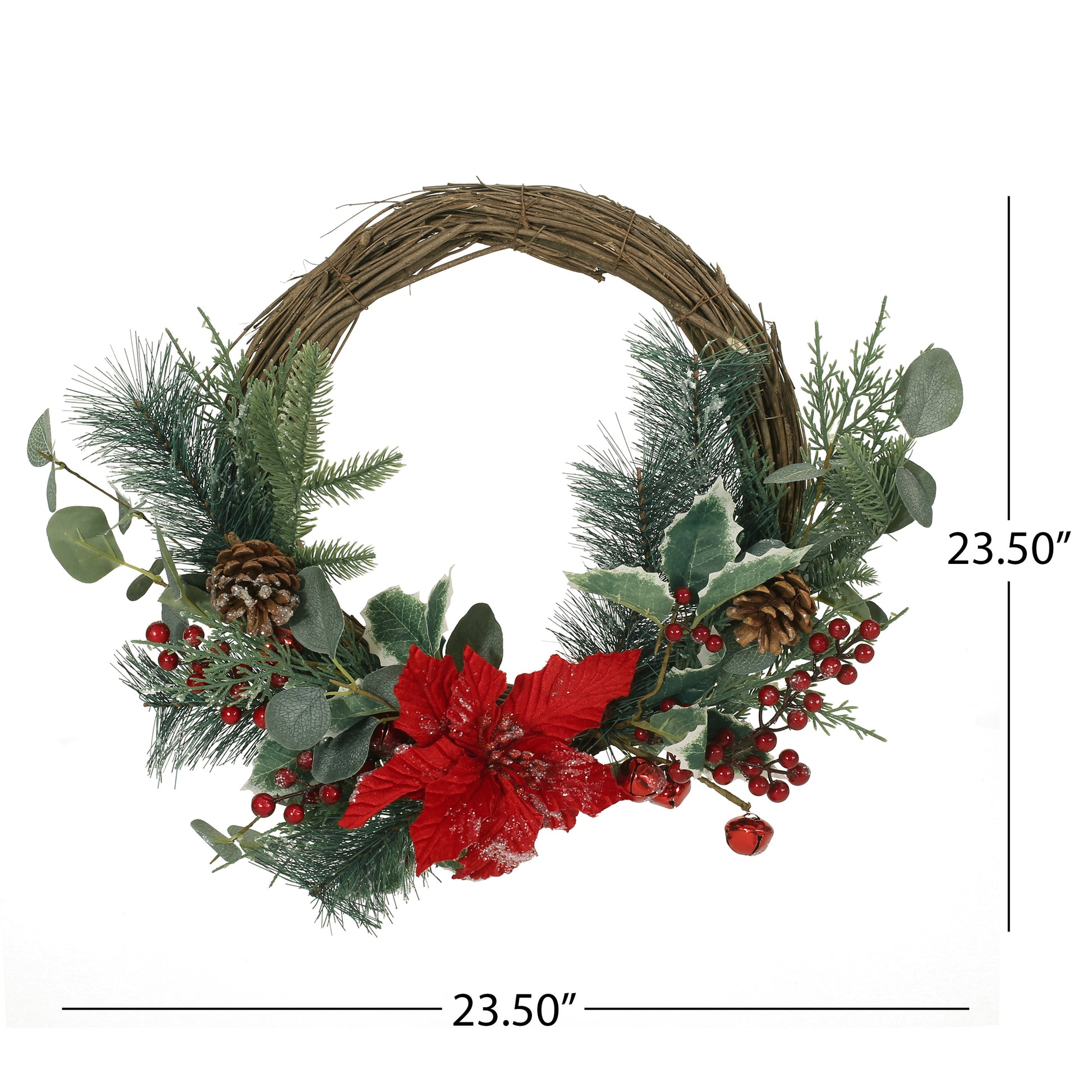 23.5" Poinsettia Berry Eucalyptus Half Wreath Green Leaves Polyester