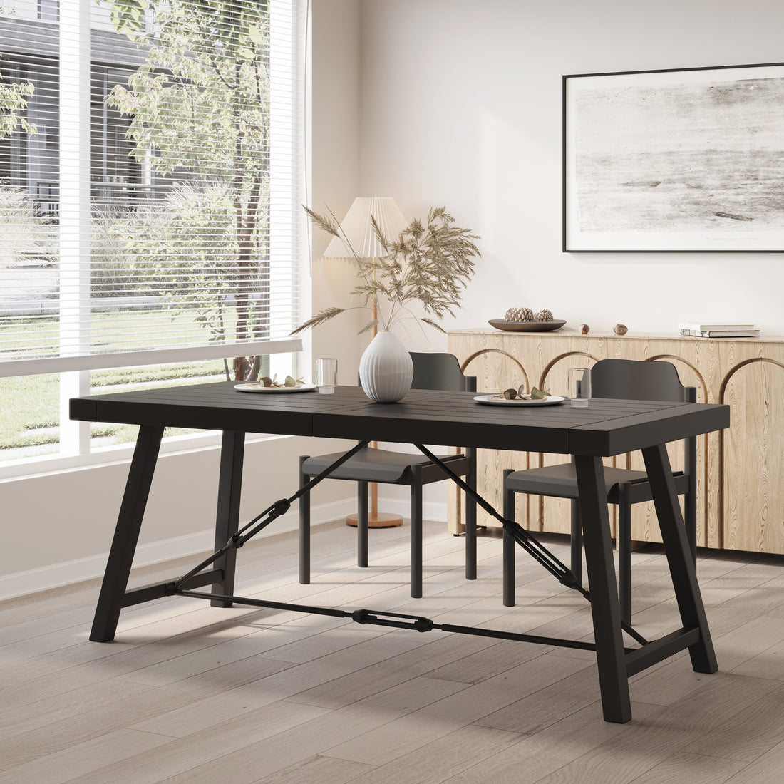 Homeros Solid Wood Top Metal Base Dining Table Black Acacia Wood