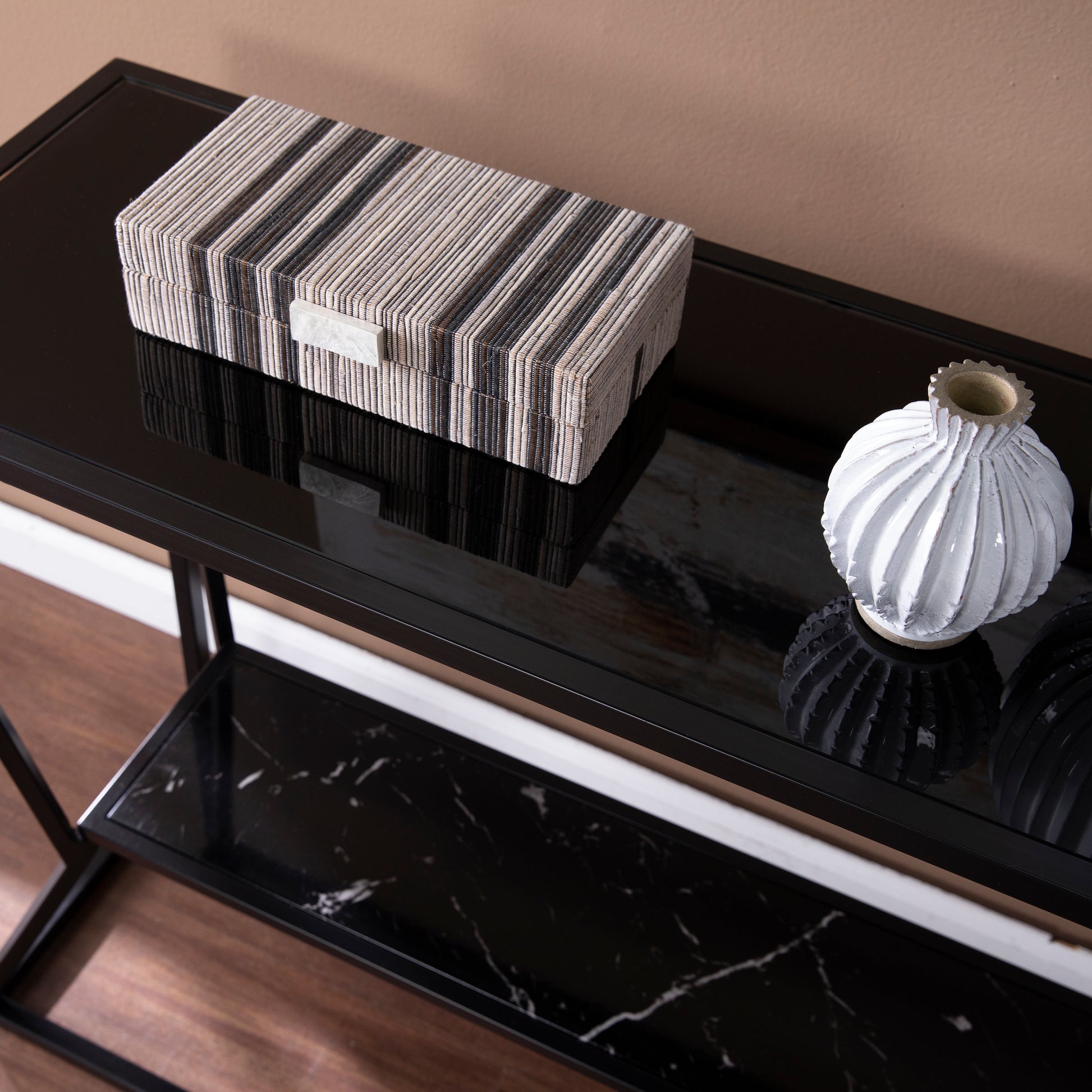 Argall Long Glass Top Console Table Black Iron