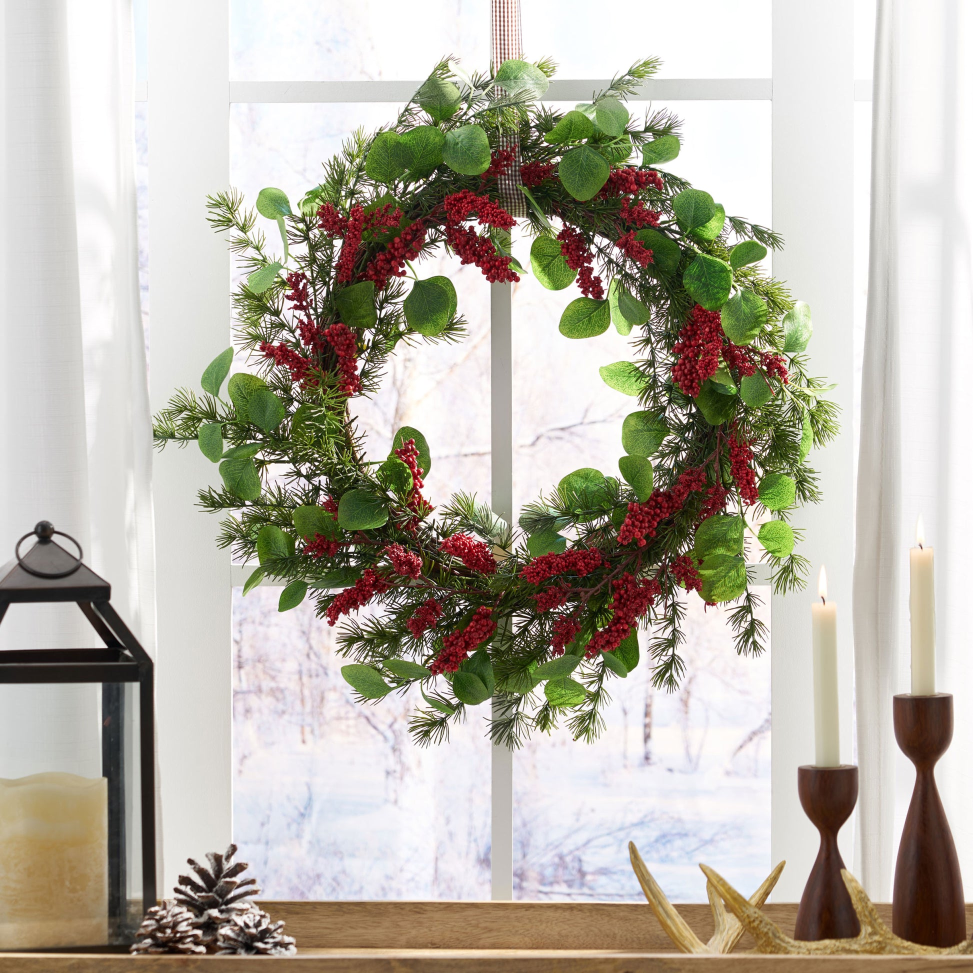 25.5" Leaves Berry Wreath Red Polyester