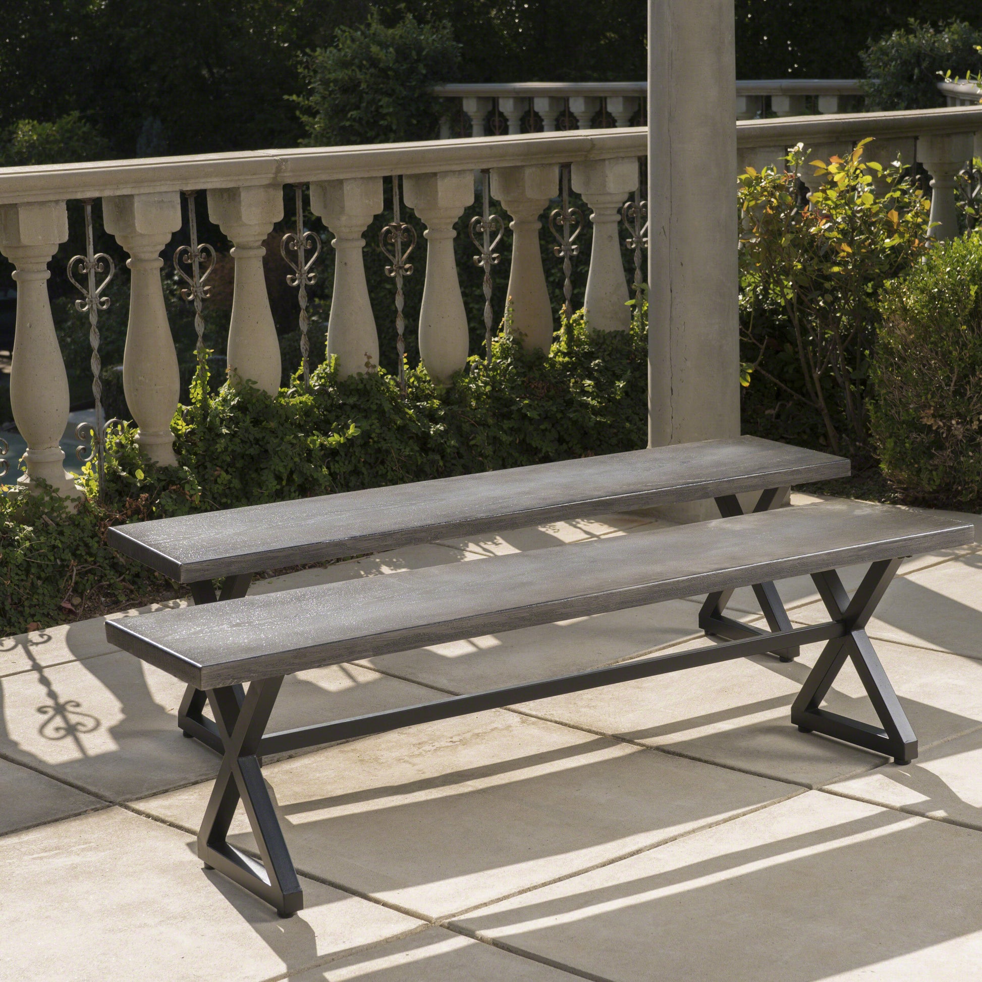 Outdoor Aluminum Dining Benches With Steel Frame, 2 Pcs Set, Grey Black Grey Black Aluminium