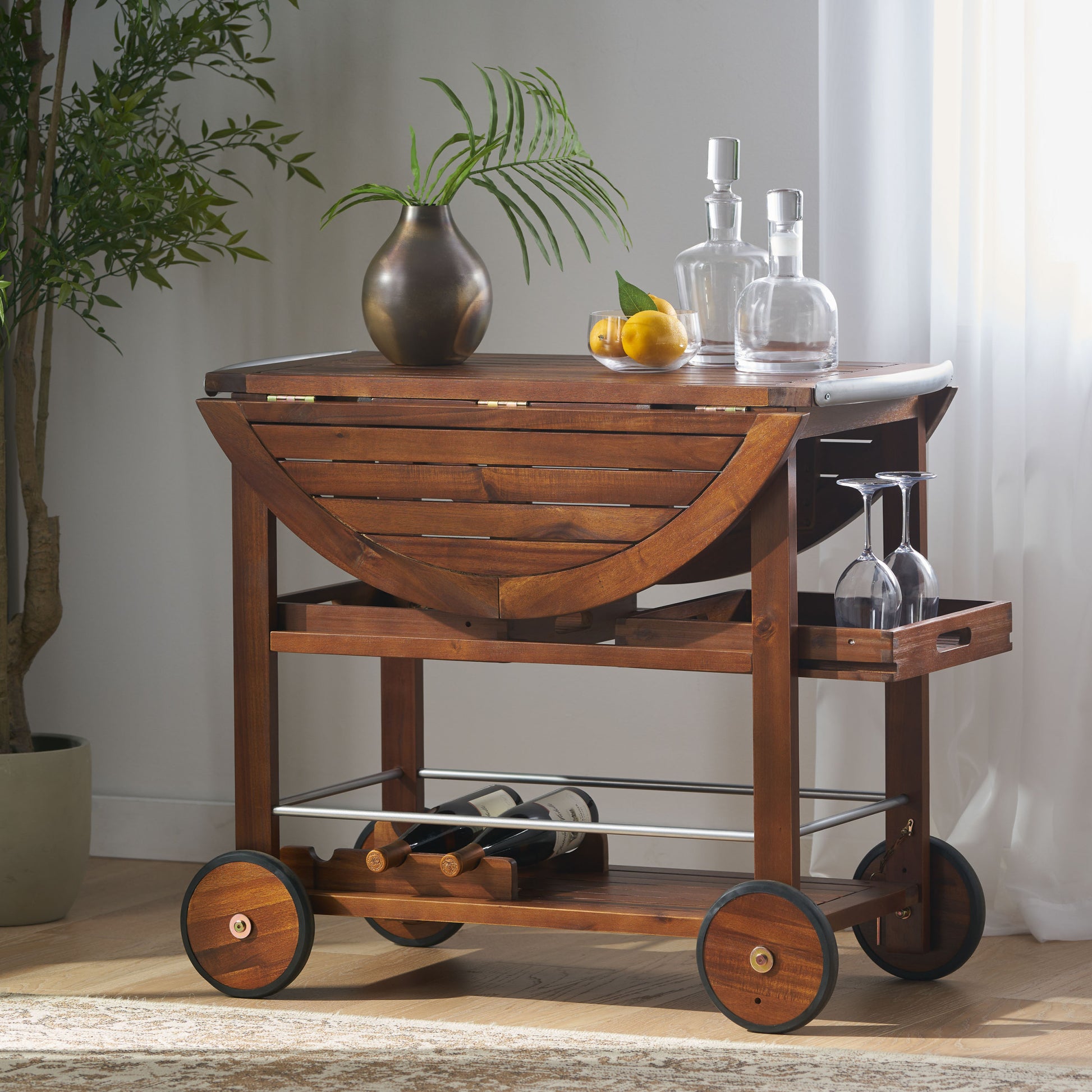 Bar Cart Oak Silver Wood