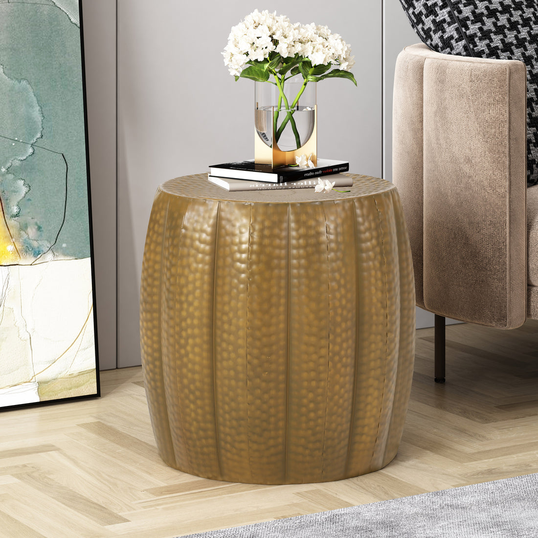 Metal Drum End Table Gold Iron