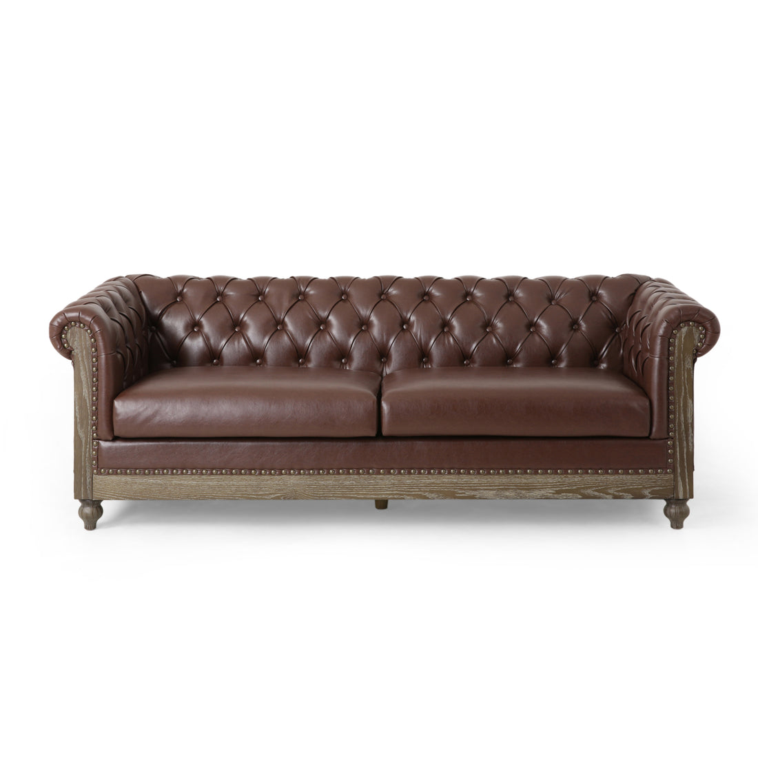 Mirod Comfy 3 Seat Sofa With Wooden Legs, Retro Style For Living Room And Study Dark Brown Pu 3 Seat